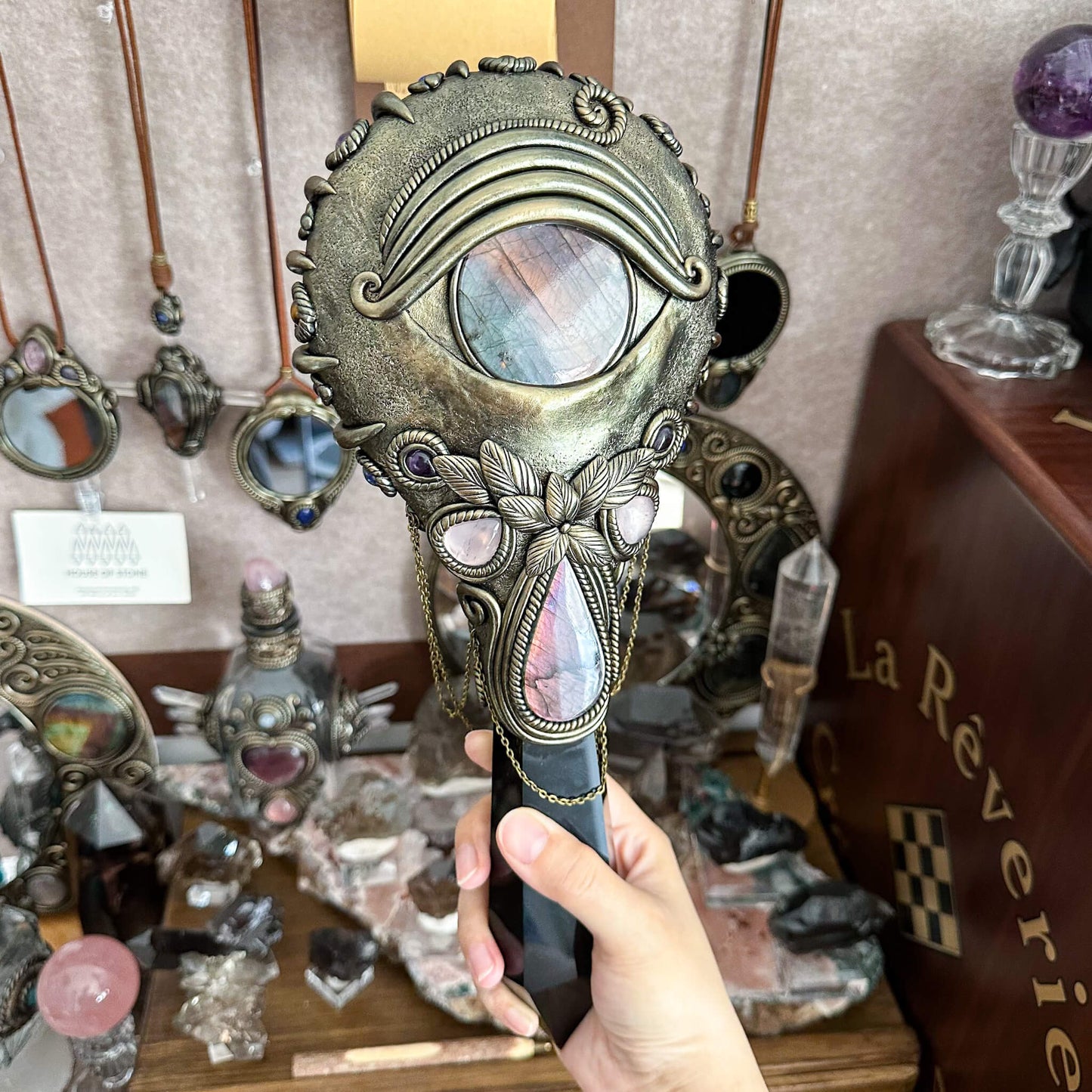 Handmade Natural Black Obsidian Mirror/Magic XXLarge Obsidian Witch Wand/Crystal Quartz Wand/Scrying Mirror Wand/Root Chakra/Manifest Altar Tool