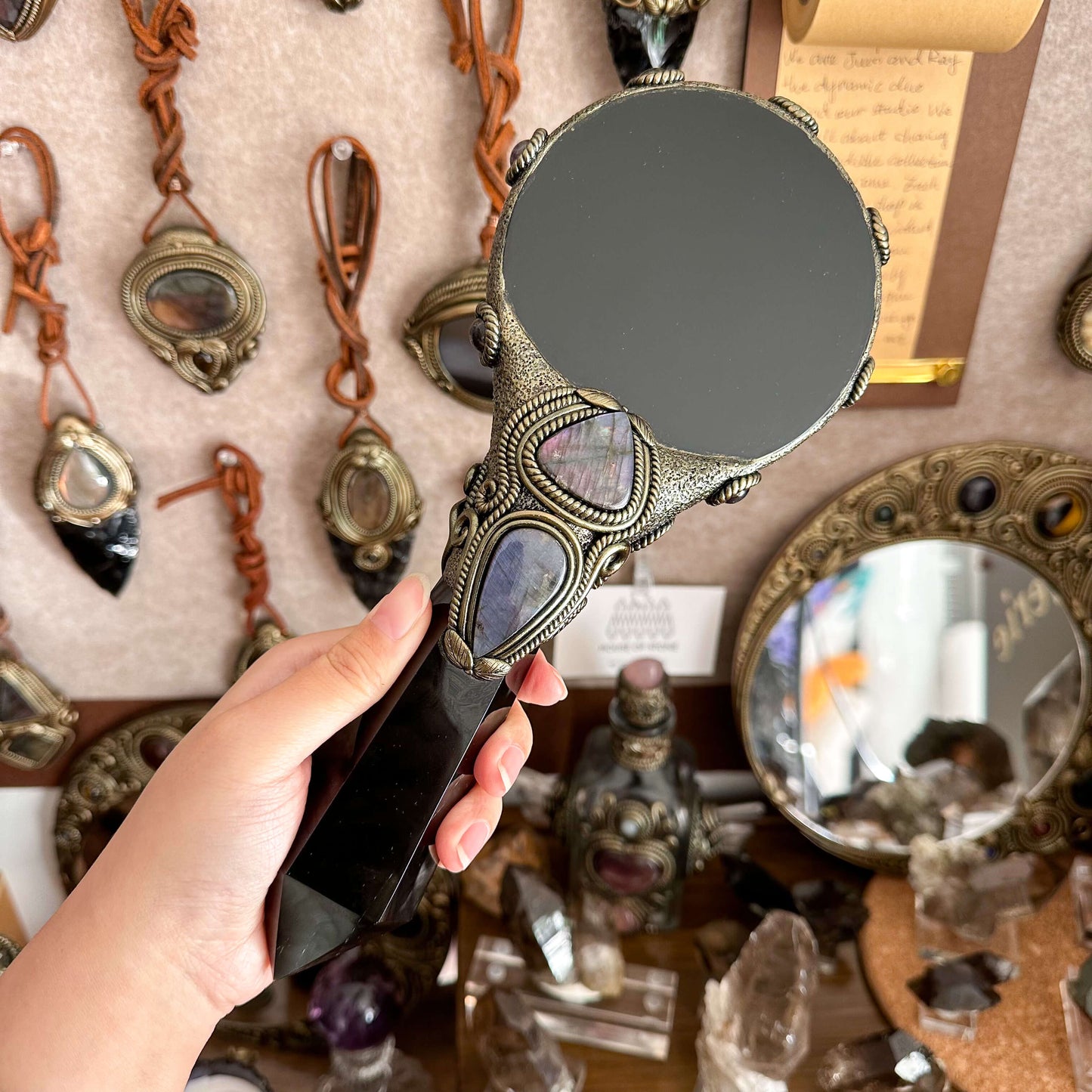 Handmade Natural Black Obsidian Mirror/Magic Obsidian Witch Wand/Crystal Quartz Wand/Scrying Mirror Wand/Root Chakra/Manifest Altar Tool