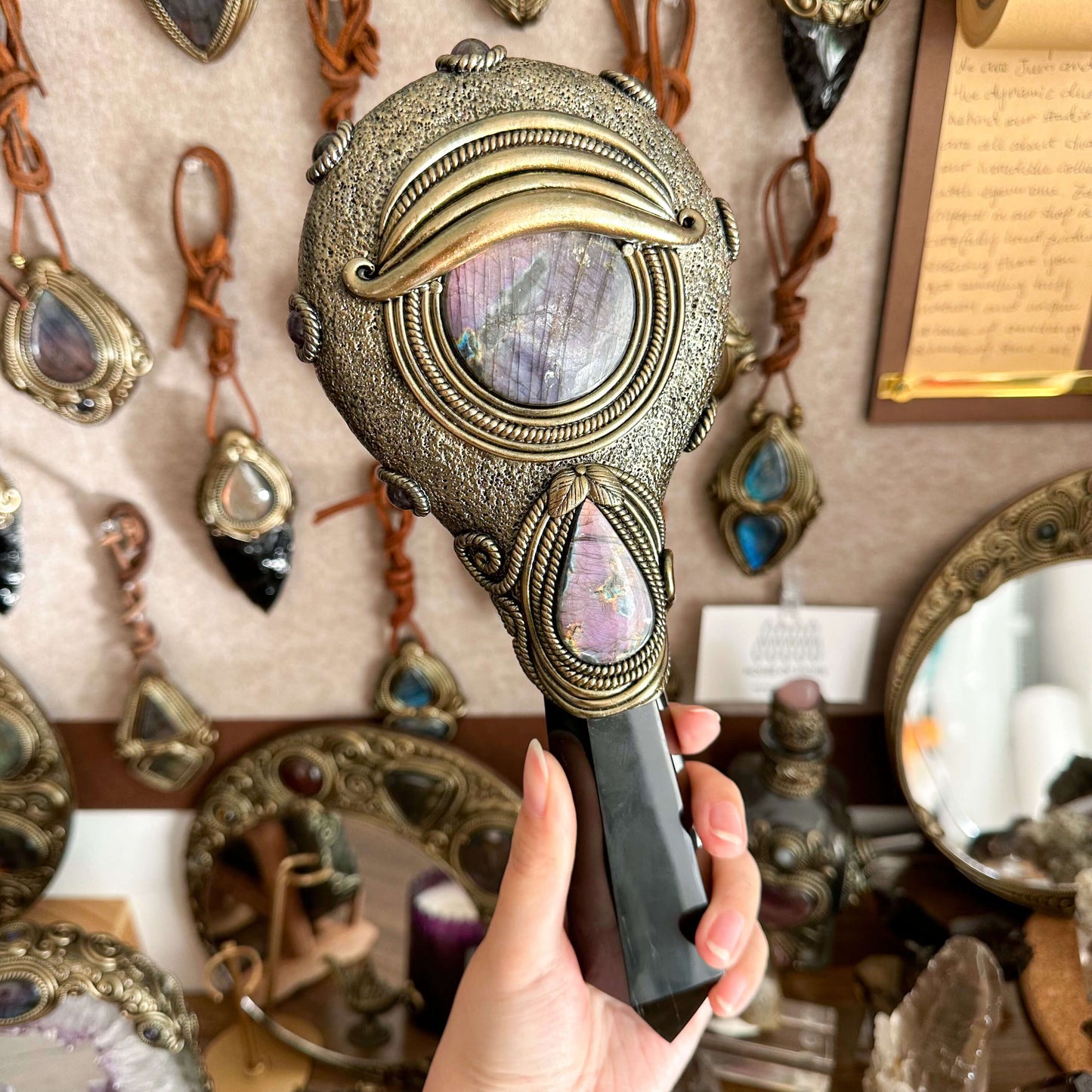 Handmade Natural Black Obsidian Mirror/Magic Obsidian Witch Wand/Crystal Quartz Wand/Scrying Mirror Wand/Root Chakra/Manifest Altar Tool