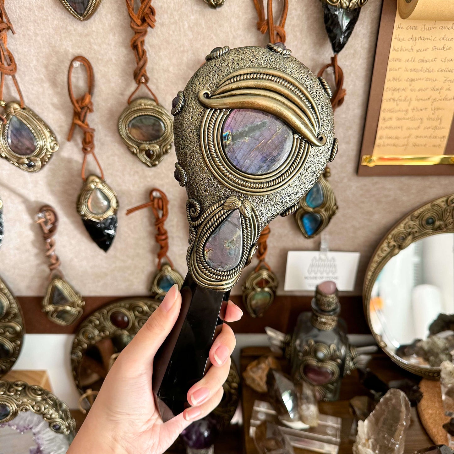 Handmade Natural Black Obsidian Mirror/Magic Obsidian Witch Wand/Crystal Quartz Wand/Scrying Mirror Wand/Root Chakra/Manifest Altar Tool