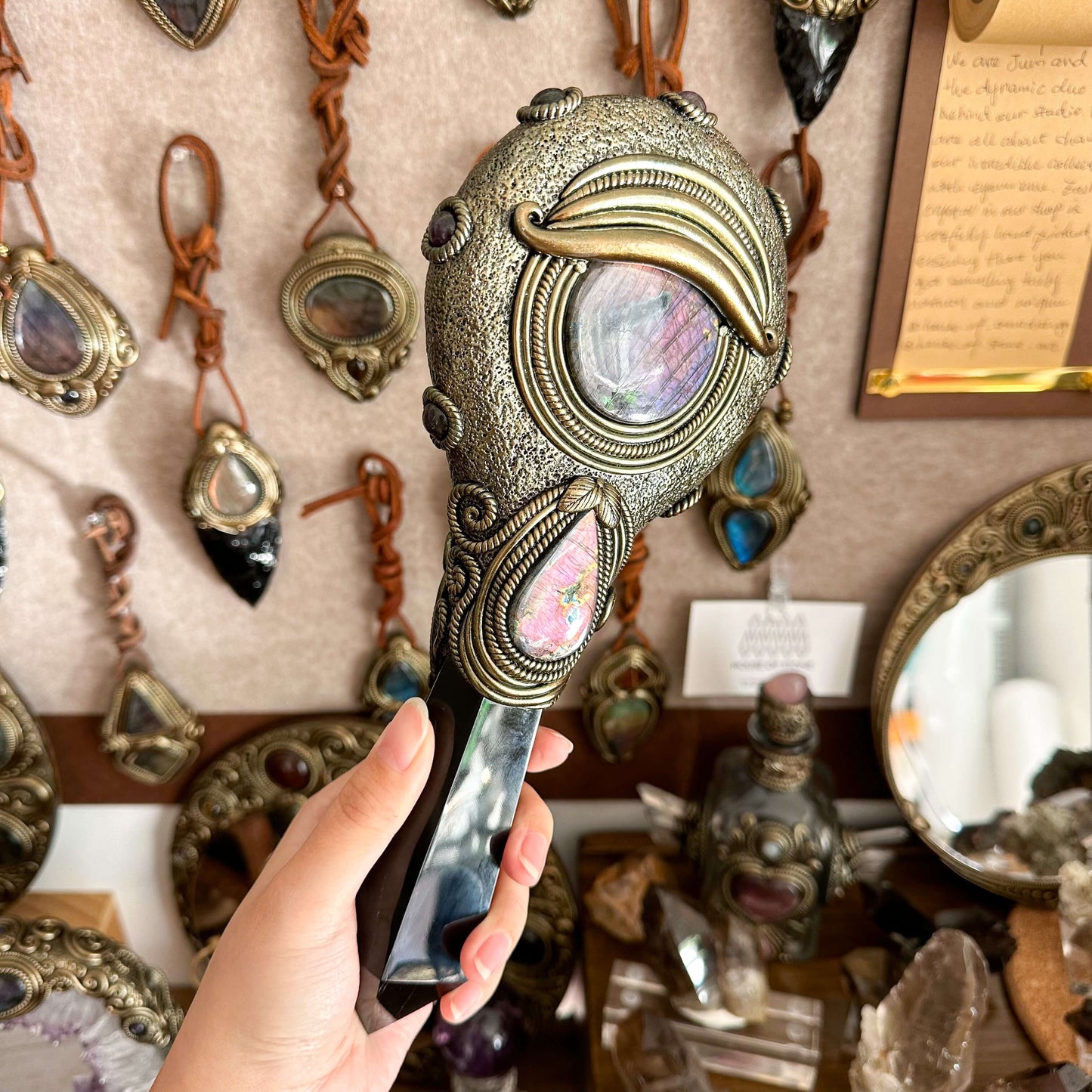 Handmade Natural Black Obsidian Mirror/Magic Obsidian Witch Wand/Crystal Quartz Wand/Scrying Mirror Wand/Root Chakra/Manifest Altar Tool