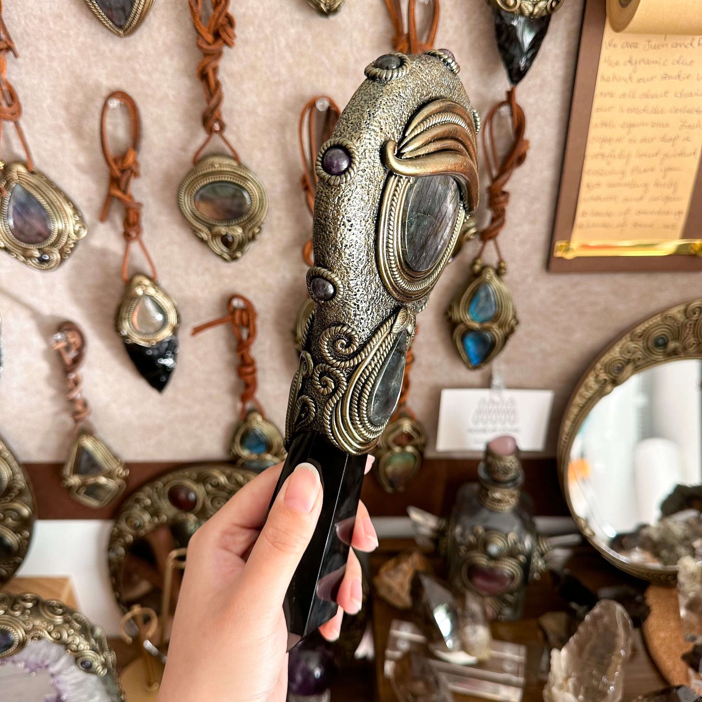 Handmade Natural Black Obsidian Mirror/Magic Obsidian Witch Wand/Crystal Quartz Wand/Scrying Mirror Wand/Root Chakra/Manifest Altar Tool