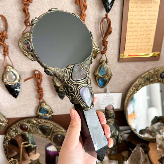 Handmade Natural Black Obsidian Mirror/Magic Obsidian Witch Wand/Crystal Quartz Wand/Scrying Mirror Wand/Root Chakra/Manifest Altar Tool