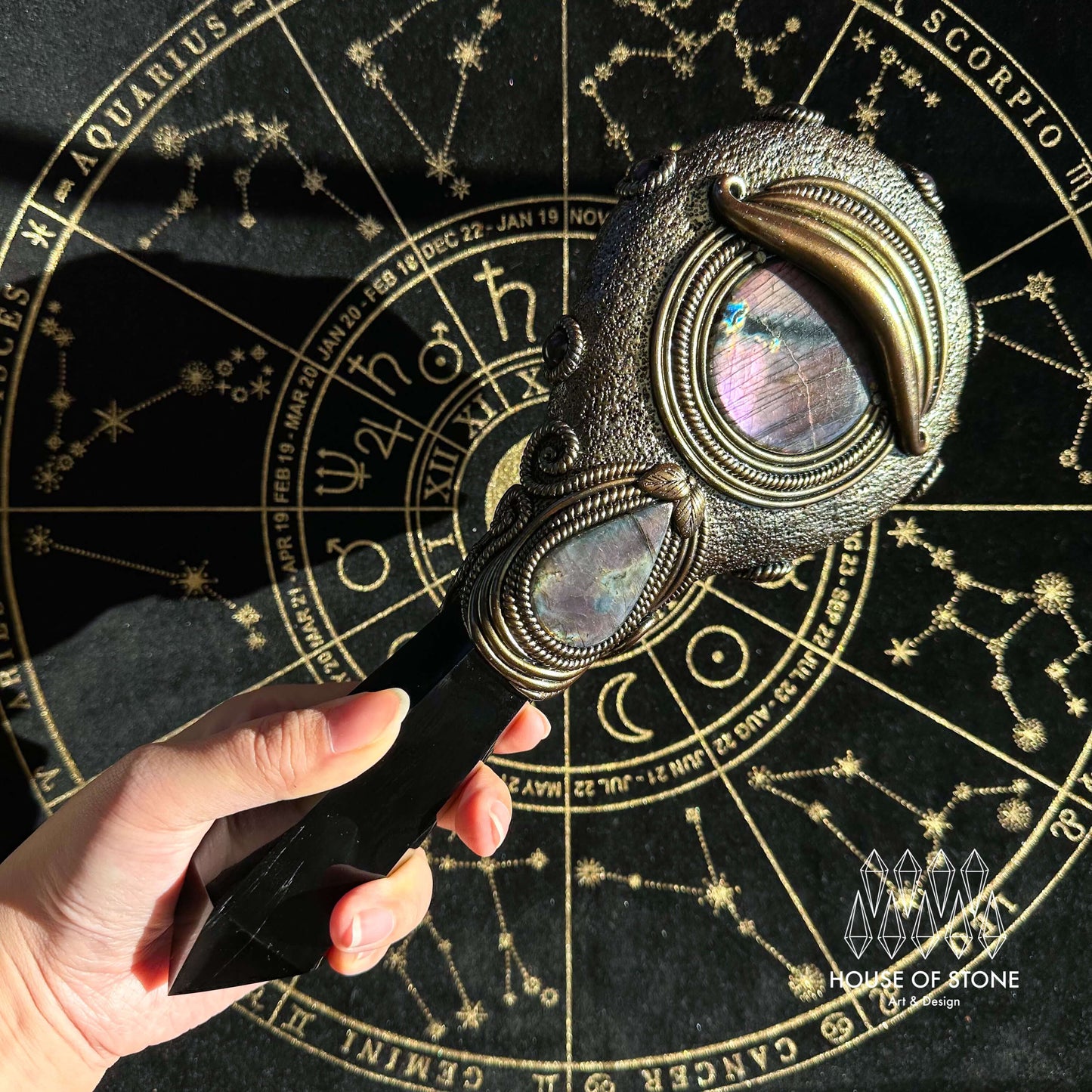 Handmade Natural Black Obsidian Mirror/Magic Obsidian Witch Wand/Crystal Quartz Wand/Scrying Mirror Wand/Root Chakra/Manifest Altar Tool