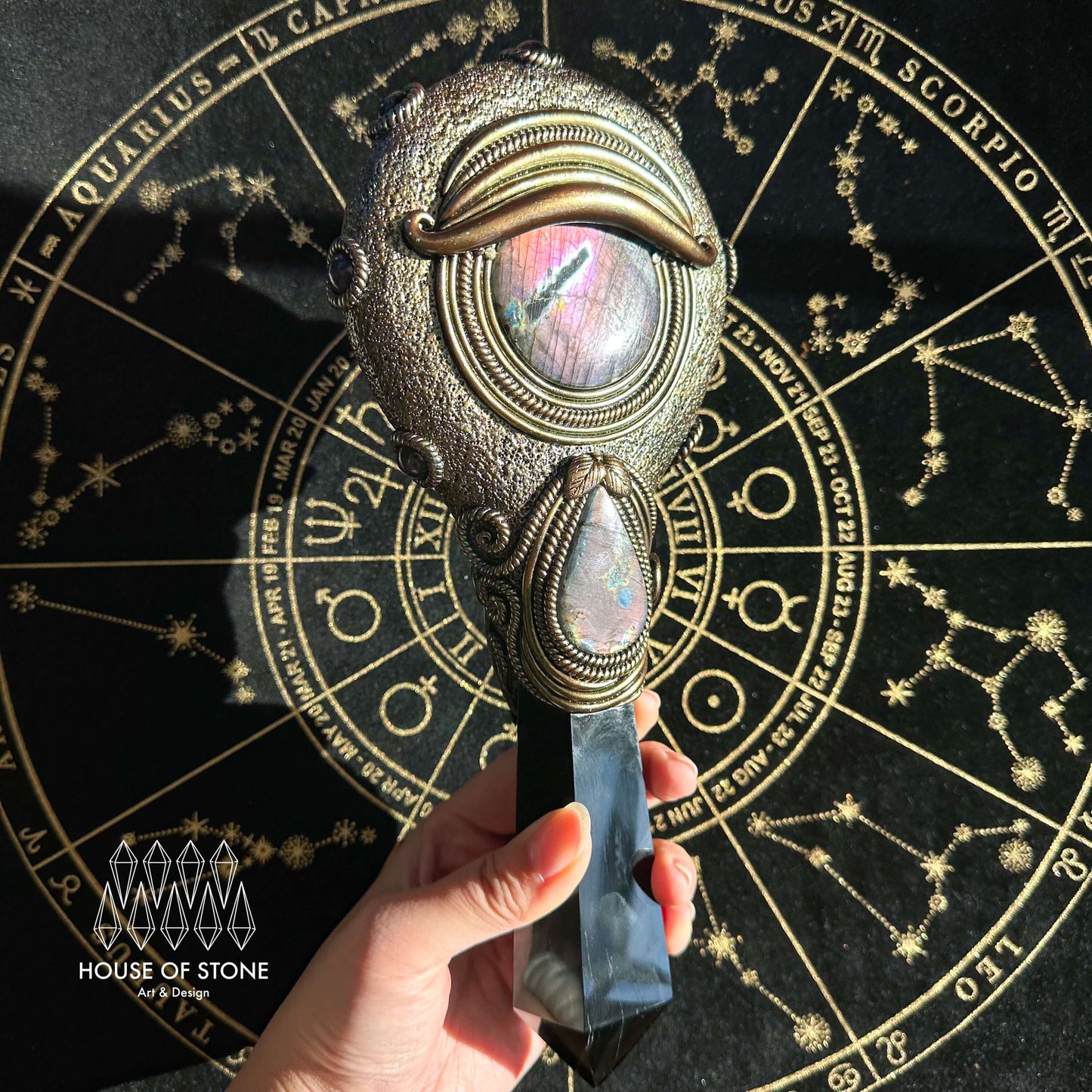 Handmade Natural Black Obsidian Mirror/Magic Obsidian Witch Wand/Crystal Quartz Wand/Scrying Mirror Wand/Root Chakra/Manifest Altar Tool