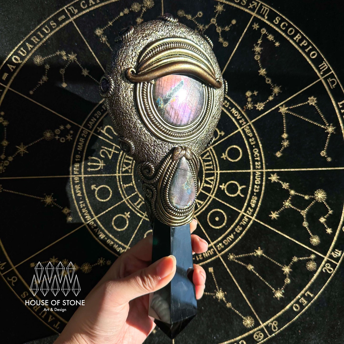 Handmade Natural Black Obsidian Mirror/Magic Obsidian Witch Wand/Crystal Quartz Wand/Scrying Mirror Wand/Root Chakra/Manifest Altar Tool