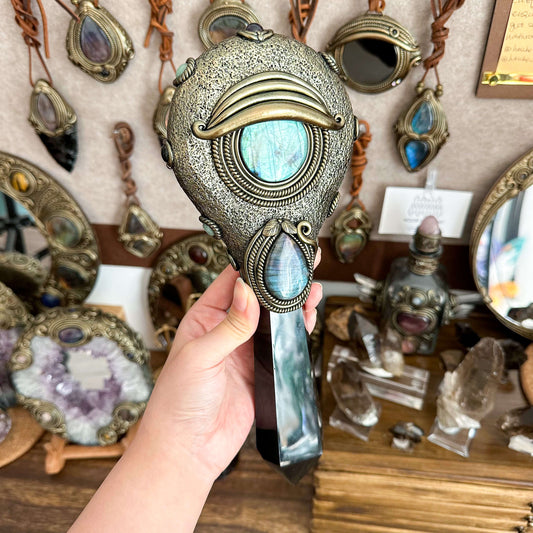 Handmade Natural Black Obsidian Mirror/Magic Obsidian Witch Wand/Crystal Quartz Wand/Scrying Mirror Wand/Root Chakra/Manifest Altar Tool