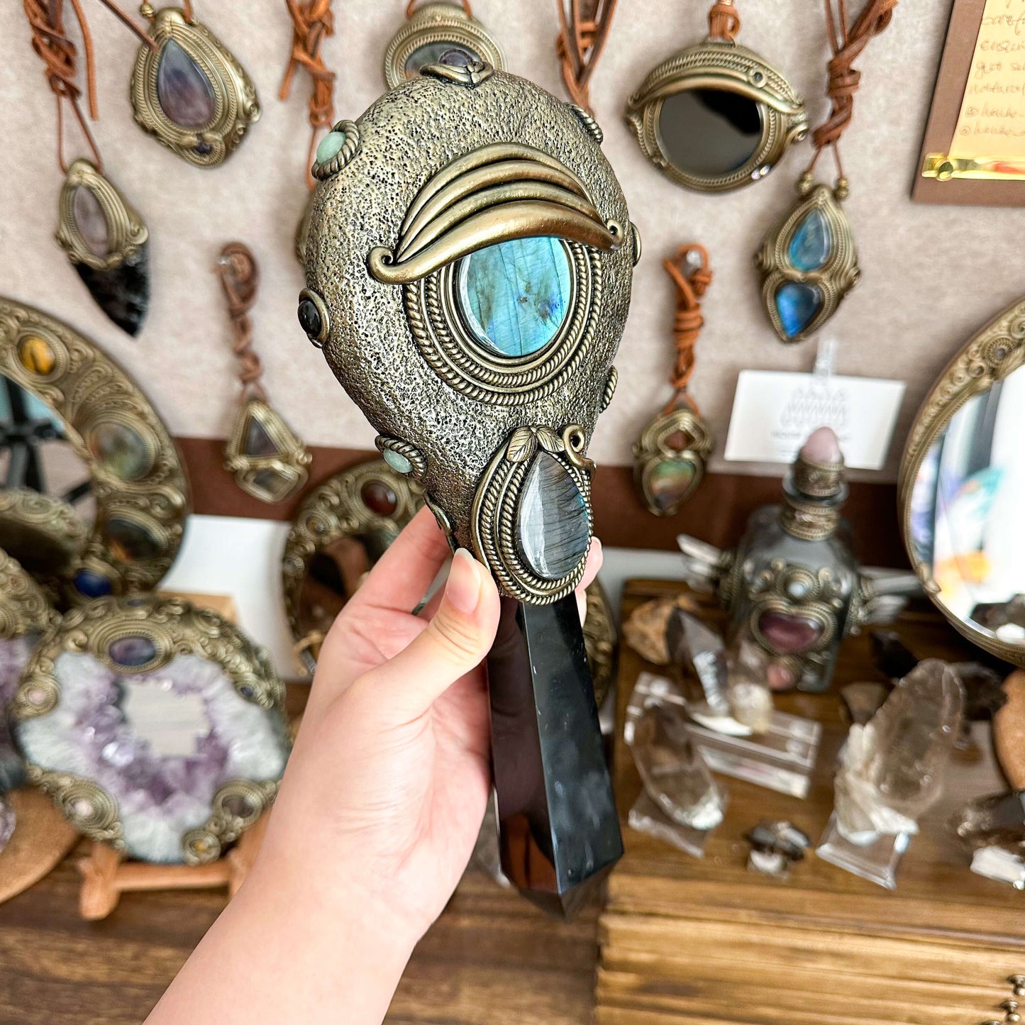 Handmade Natural Black Obsidian Mirror/Magic Obsidian Witch Wand/Crystal Quartz Wand/Scrying Mirror Wand/Root Chakra/Manifest Altar Tool