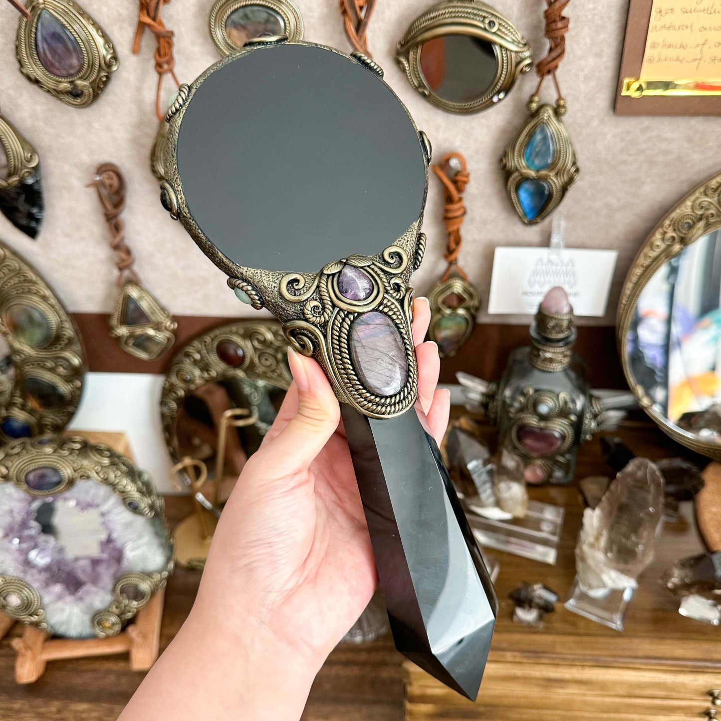 Handmade Natural Black Obsidian Mirror/Magic Obsidian Witch Wand/Crystal Quartz Wand/Scrying Mirror Wand/Root Chakra/Manifest Altar Tool