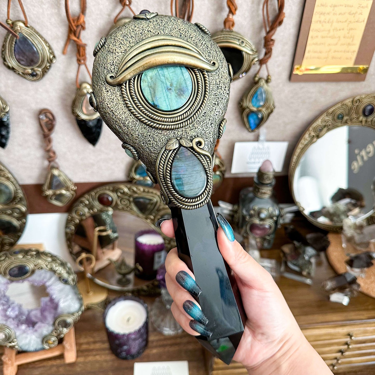 Handmade Natural Black Obsidian Mirror/Magic Obsidian Witch Wand/Crystal Quartz Wand/Scrying Mirror Wand/Root Chakra/Manifest Altar Tool