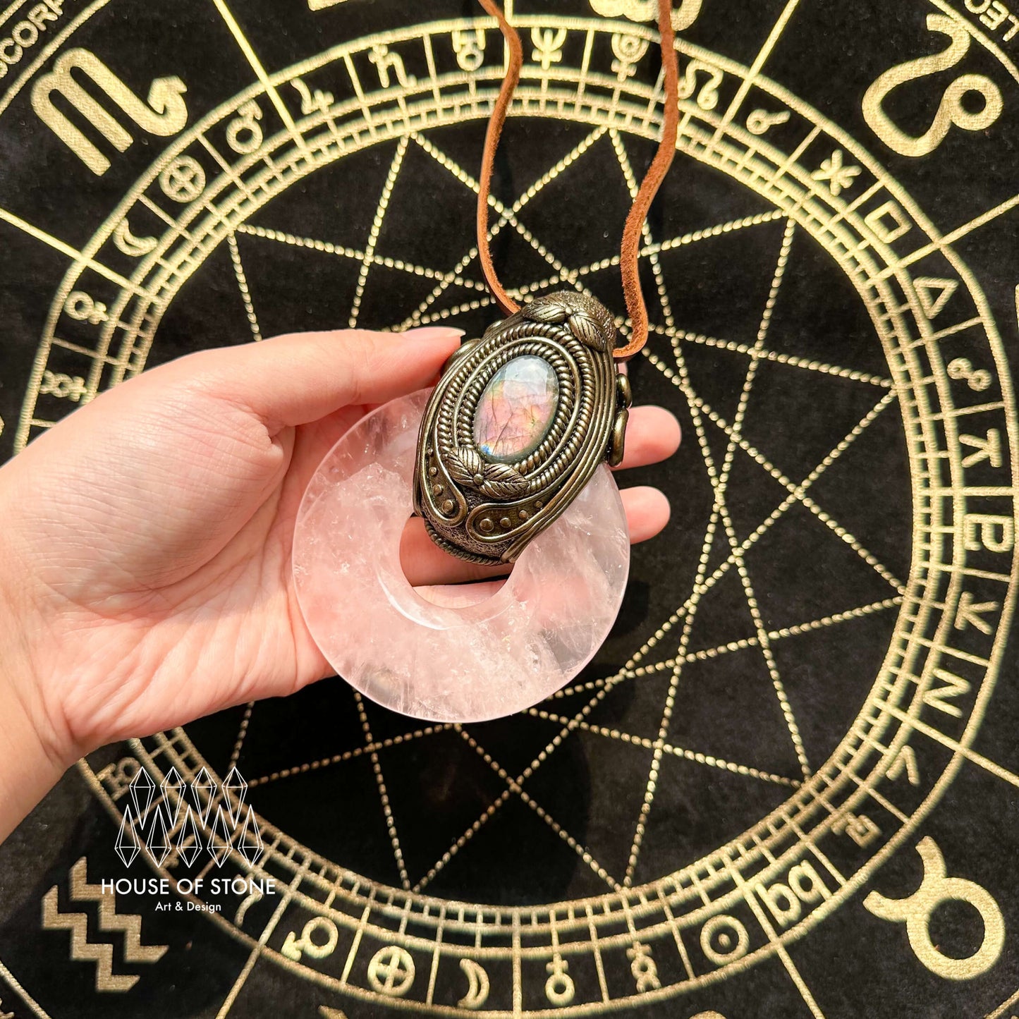 Natural Handmade Rose Quartz Pendant Necklace/Magic Crystal Double-sided Pendant/Labradorite Jewelry/Heart Chakra/Altar Tool