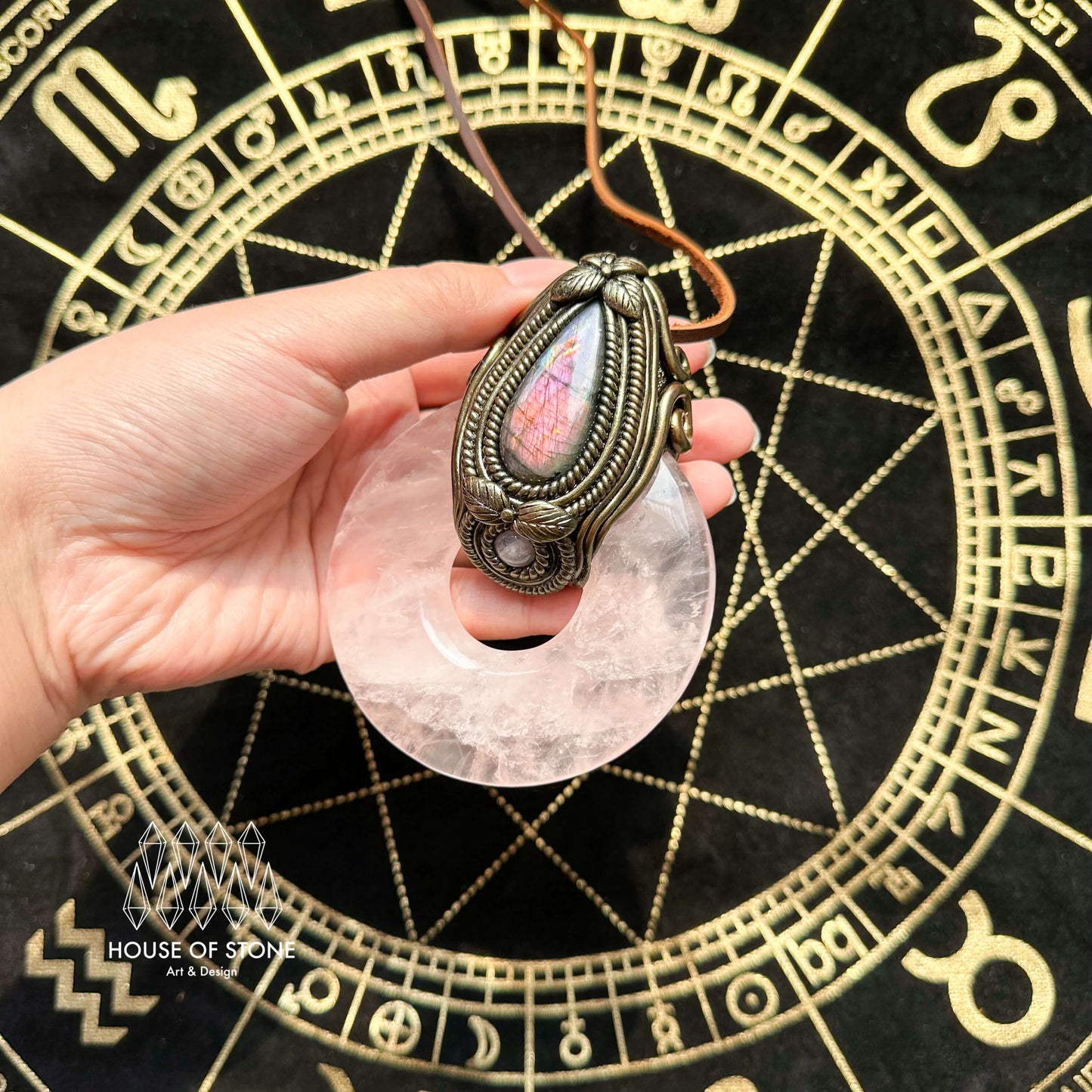 Natural Handmade Rose Quartz Pendant Necklace/Magic Crystal Double-sided Pendant/Labradorite Jewelry/Heart Chakra/Altar Tool