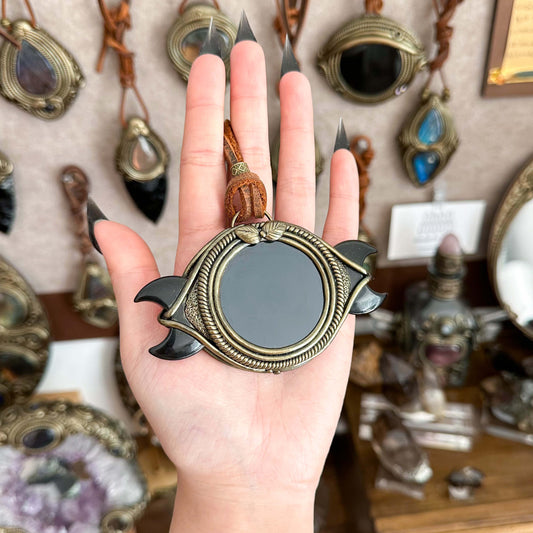 Handmade Natural Black Obsidian Triple Moon Pendant Necklace/Magic Obsidian Mirror Crystal Pendant/Scrying Mirror Protection Jewelry/Altar Tool