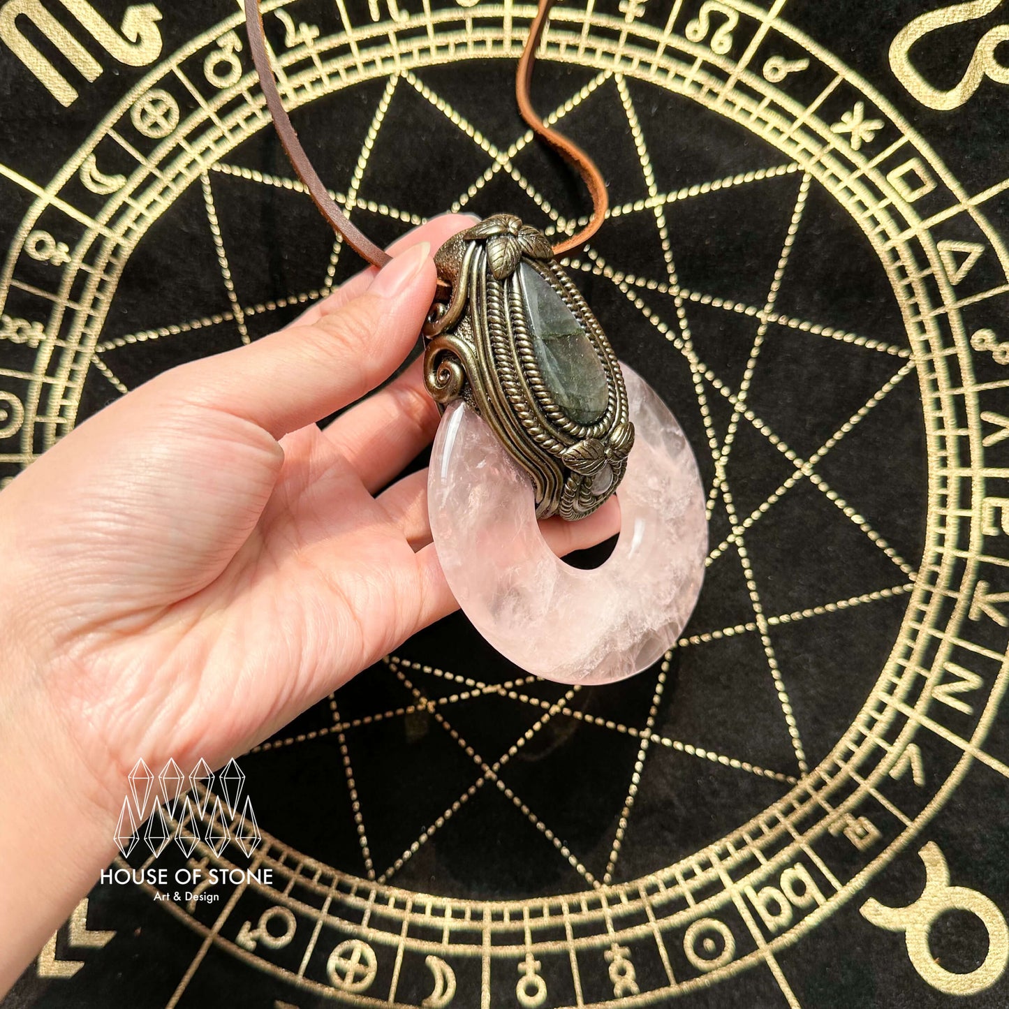 Natural Handmade Rose Quartz Pendant Necklace/Magic Crystal Double-sided Pendant/Labradorite Jewelry/Heart Chakra/Altar Tool