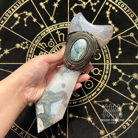 Natural Handmade Moss Agate Crystal Wand/Magic Witch Crystal Wand/Moonstone Moss Agate Labradorite Wand/Chakra/Manifest Altar Tool