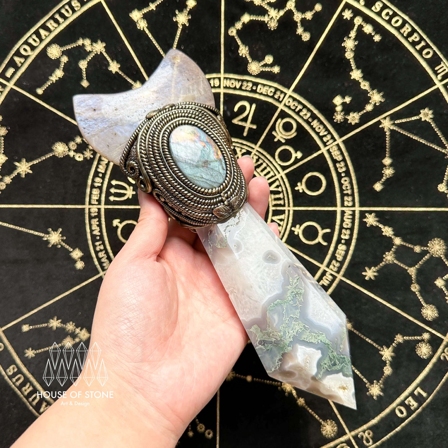 Natural Handmade Moss Agate Crystal Wand/Magic Witch Crystal Wand/Moonstone Moss Agate Labradorite Wand/Chakra/Manifest Altar Tool