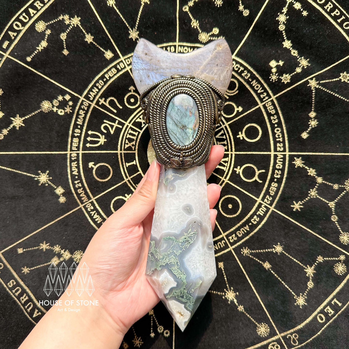 Natural Handmade Moss Agate Crystal Wand/Magic Witch Crystal Wand/Moonstone Moss Agate Labradorite Wand/Chakra/Manifest Altar Tool