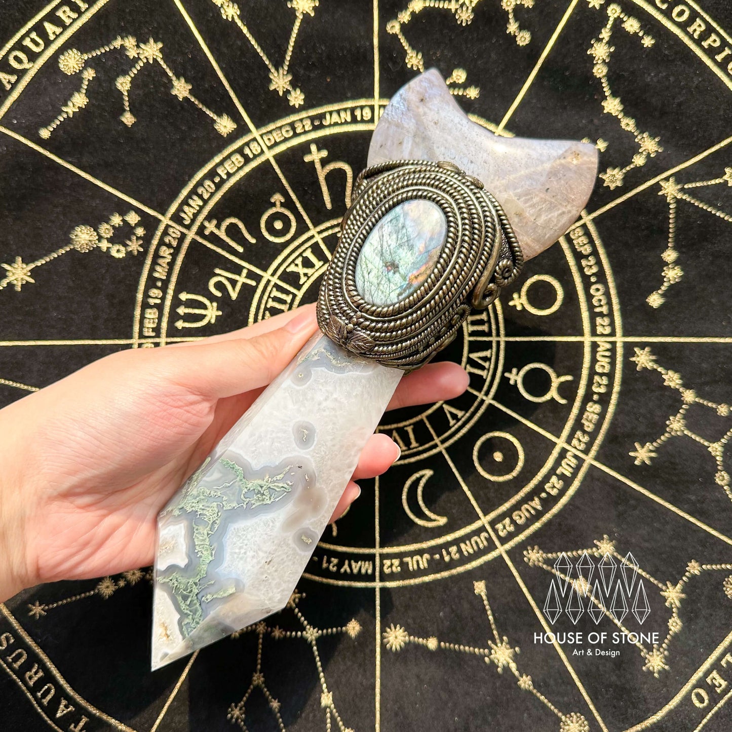 Natural Handmade Moss Agate Crystal Wand/Magic Witch Crystal Wand/Moonstone Moss Agate Labradorite Wand/Chakra/Manifest Altar Tool