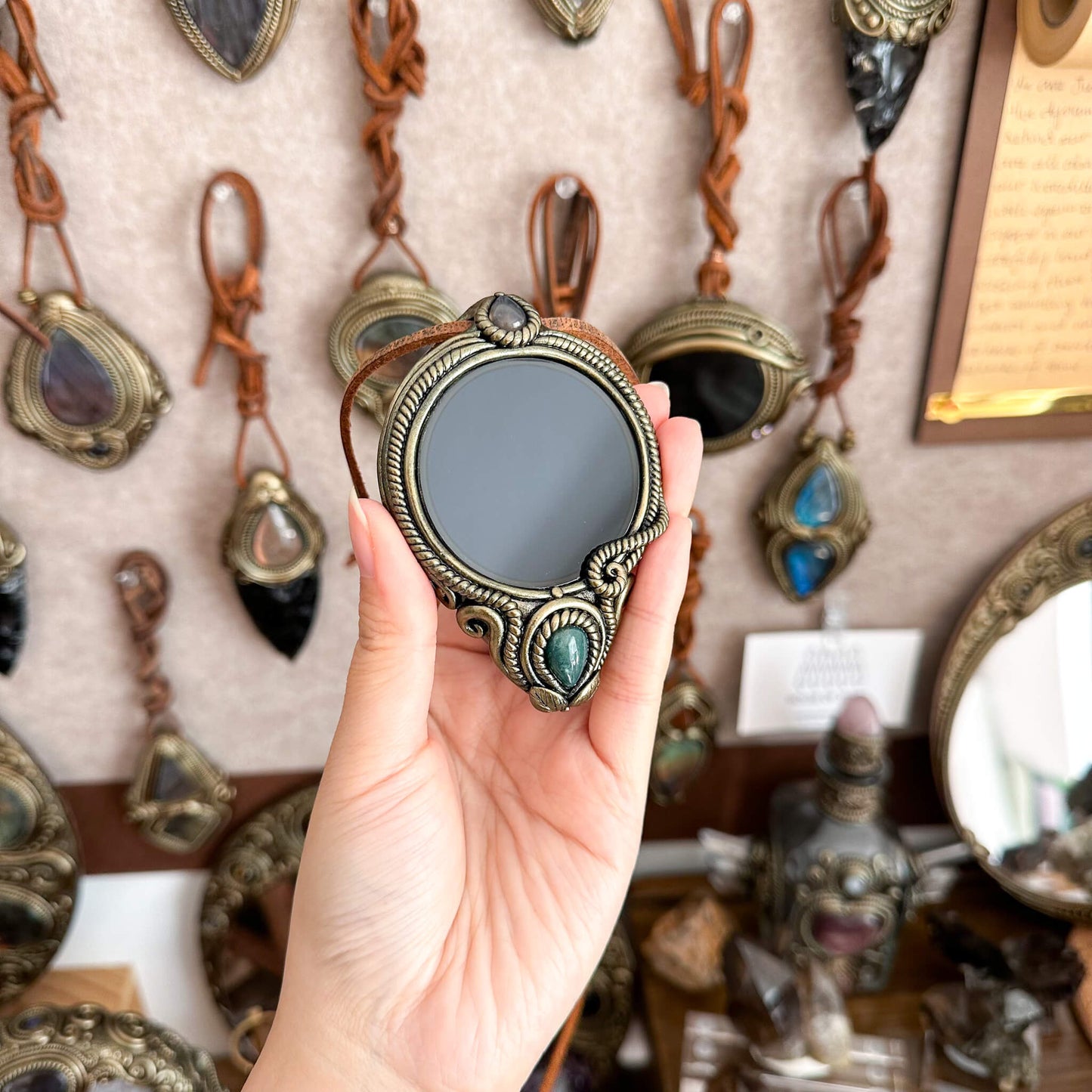 Handmade Natural Black Obsidian Pendant Necklace/Magic Obsidian Mirror Crystal Pendant/Scrying Mirror Labradorite Jewelry/Altar Tool