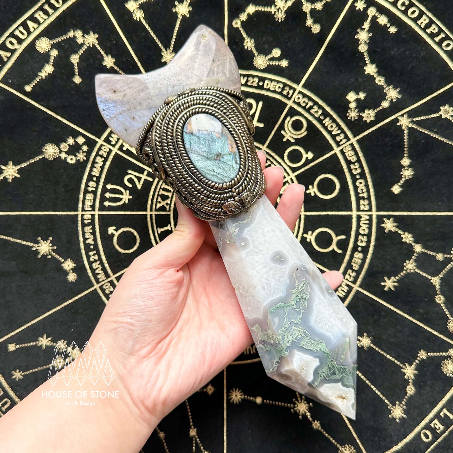 Natural Handmade Moss Agate Crystal Wand/Magic Witch Crystal Wand/Moonstone Moss Agate Labradorite Wand/Chakra/Manifest Altar Tool