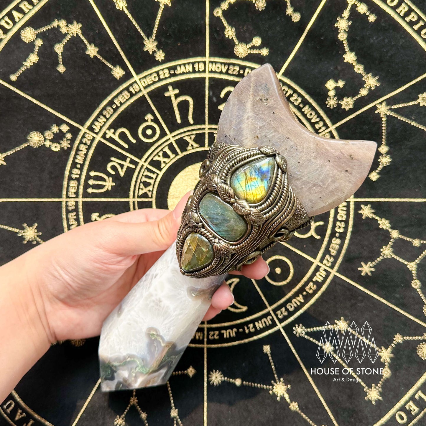 Natural Handmade Moss Agate Crystal Wand/Magic Witch Crystal Wand/Moonstone Moss Agate Labradorite Wand/Chakra/Manifest Altar Tool