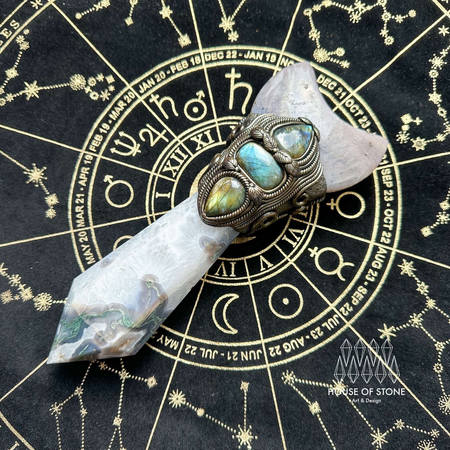 Natural Handmade Moss Agate Crystal Wand/Magic Witch Crystal Wand/Moonstone Moss Agate Labradorite Wand/Chakra/Manifest Altar Tool