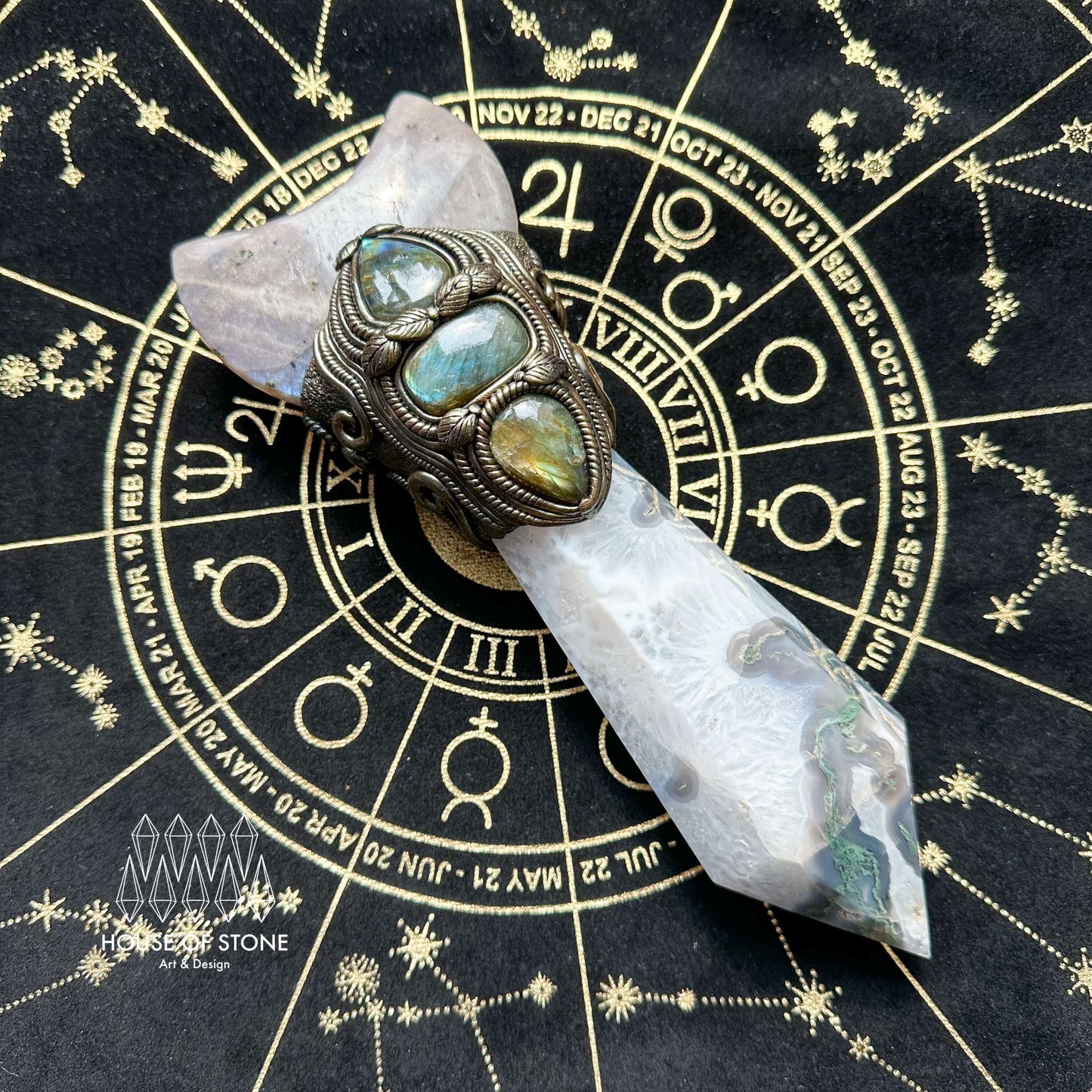 Natural Handmade Moss Agate Crystal Wand/Magic Witch Crystal Wand/Moonstone Moss Agate Labradorite Wand/Chakra/Manifest Altar Tool