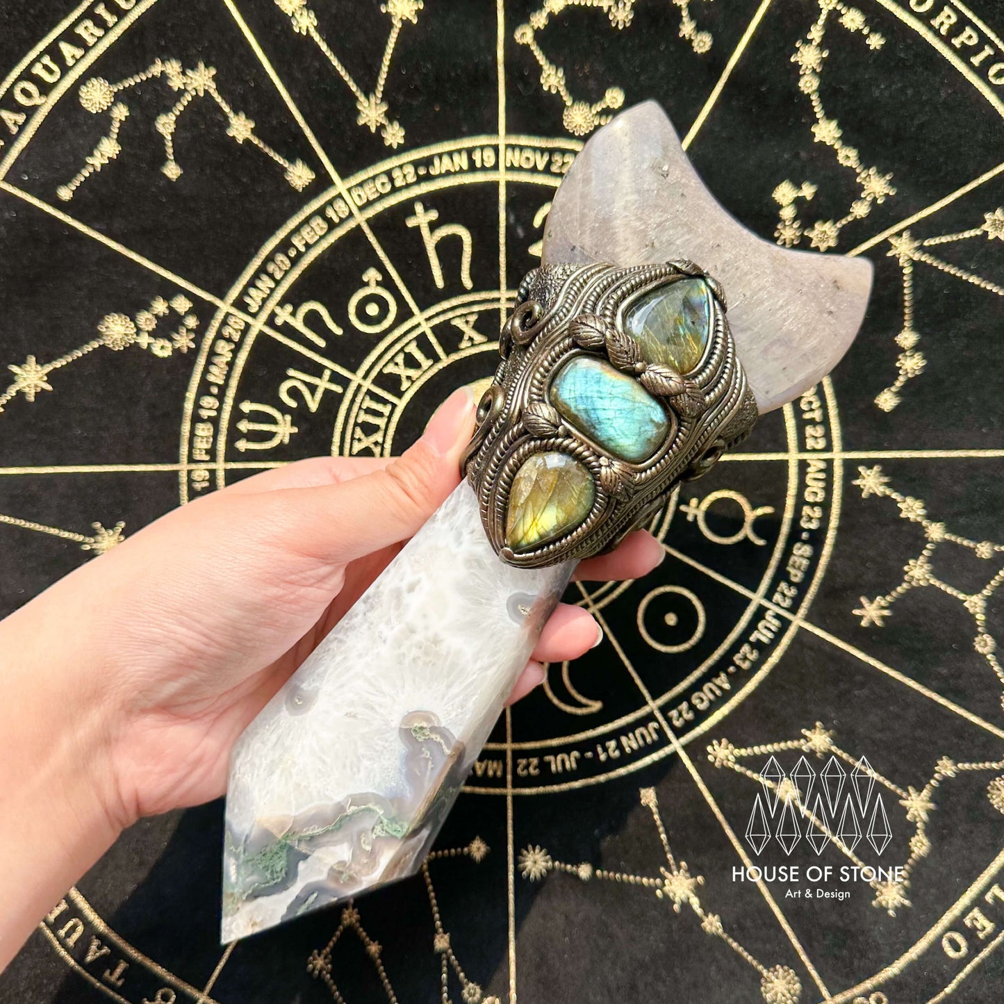 Natural Handmade Moss Agate Crystal Wand/Magic Witch Crystal Wand/Moonstone Moss Agate Labradorite Wand/Chakra/Manifest Altar Tool