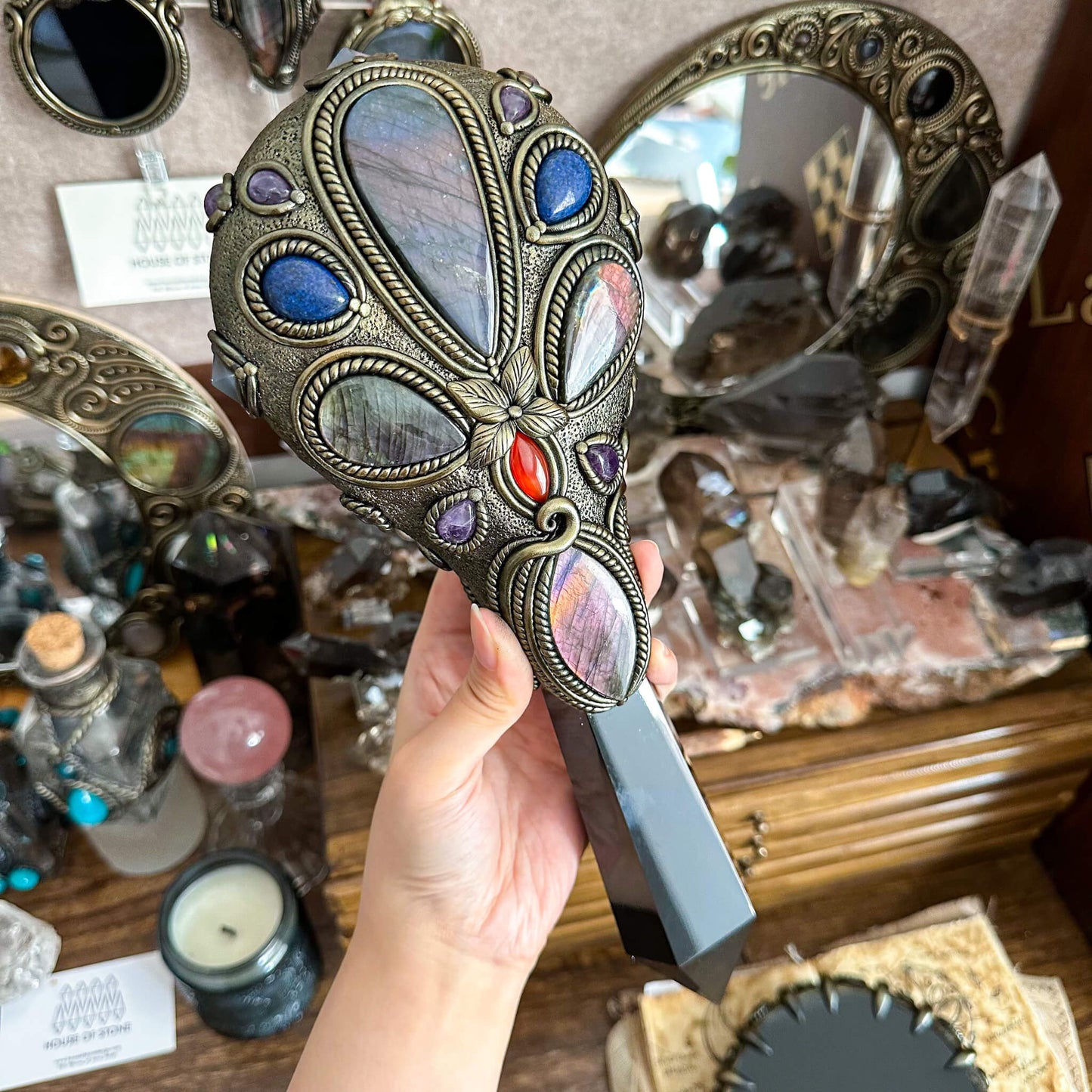 Handmade Natural Black Obsidian Mirror/Magic Obsidian Witch Wand/Crystal Quartz Wand/Scrying Mirror Wand/Root Chakra/Manifest Altar Tool