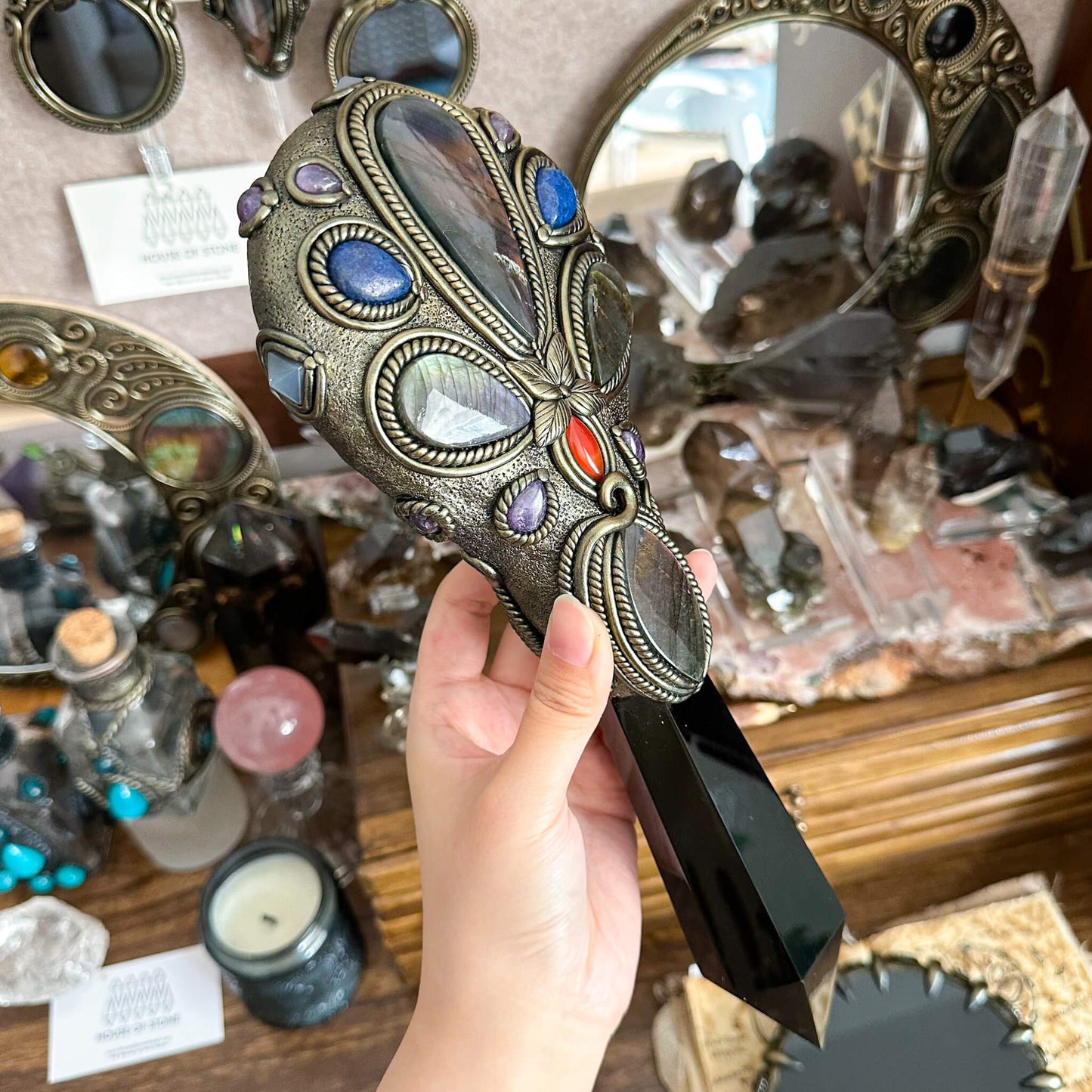 Handmade Natural Black Obsidian Mirror/Magic Obsidian Witch Wand/Crystal Quartz Wand/Scrying Mirror Wand/Root Chakra/Manifest Altar Tool