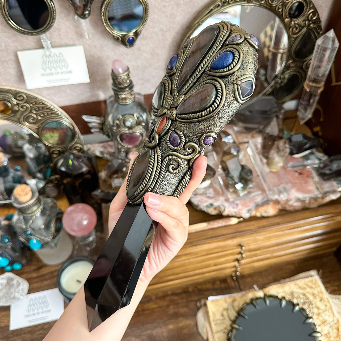 Handmade Natural Black Obsidian Mirror/Magic Obsidian Witch Wand/Crystal Quartz Wand/Scrying Mirror Wand/Root Chakra/Manifest Altar Tool