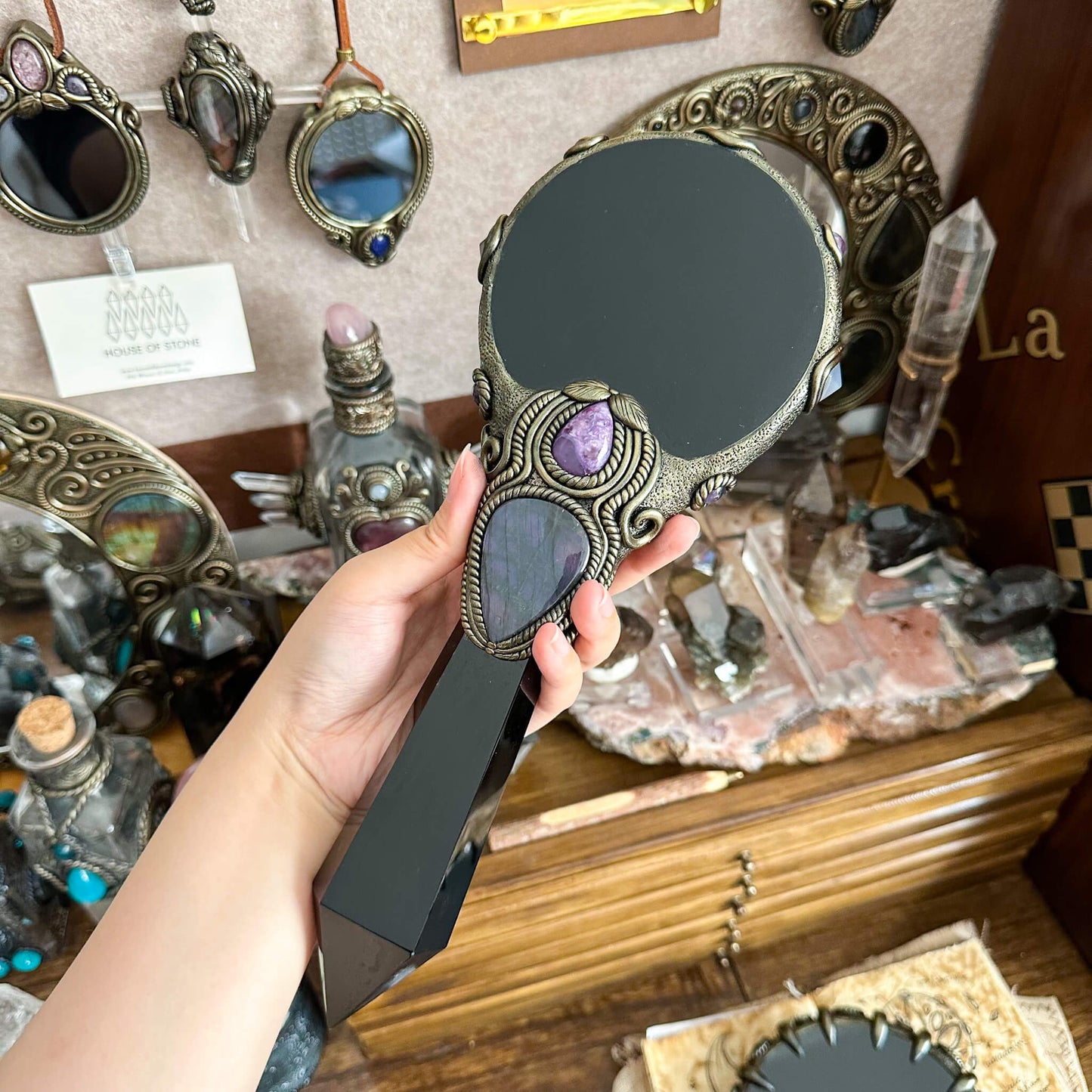 Handmade Natural Black Obsidian Mirror/Magic Obsidian Witch Wand/Crystal Quartz Wand/Scrying Mirror Wand/Root Chakra/Manifest Altar Tool
