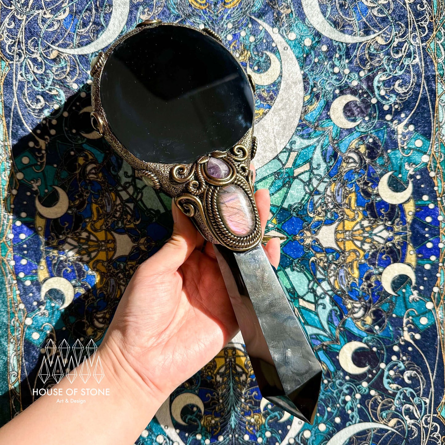 Handmade Natural Black Obsidian Mirror/Magic Obsidian Witch Wand/Crystal Quartz Wand/Scrying Mirror Wand/Root Chakra/Manifest Altar Tool