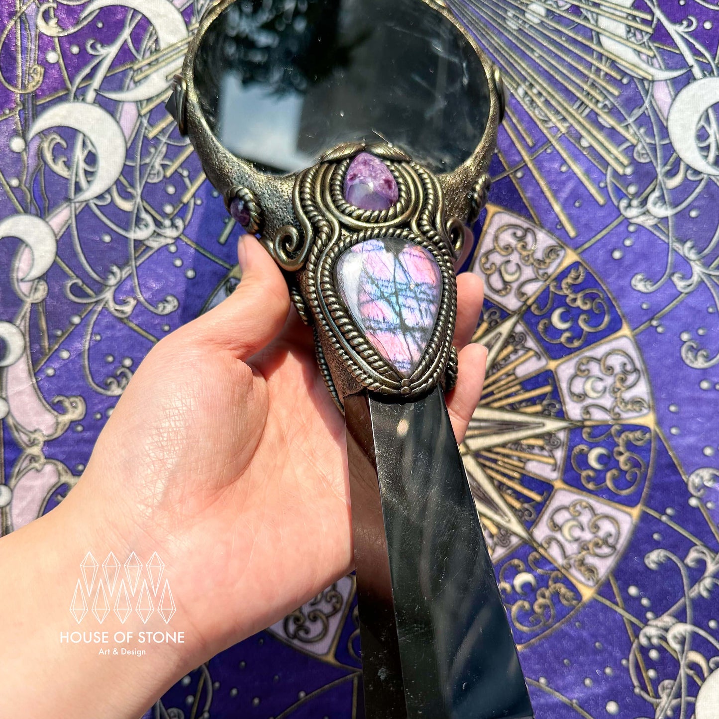 Handmade Natural Black Obsidian Mirror/Magic Obsidian Witch Wand/Crystal Quartz Wand/Scrying Mirror Wand/Root Chakra/Manifest Altar Tool