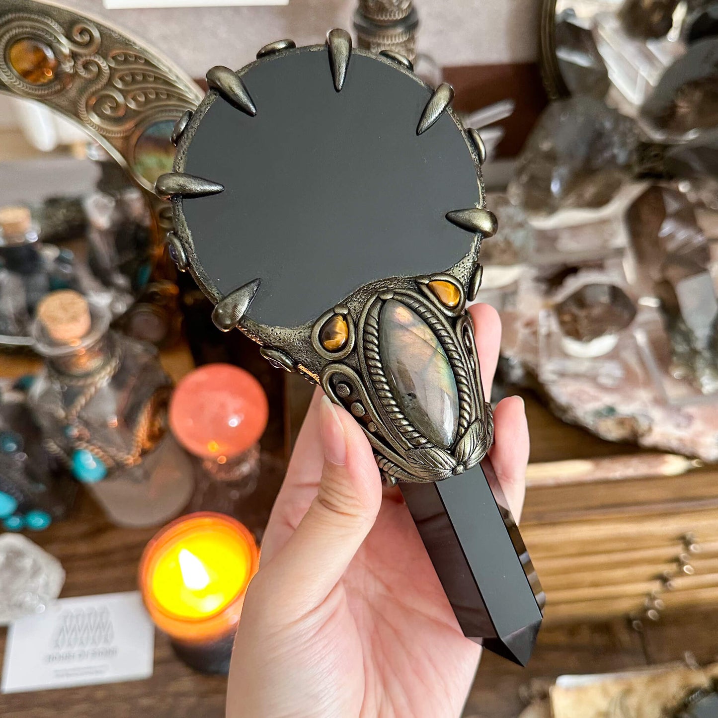 Handmade Natural Black Obsidian Mirror/Magic Obsidian Witch Wand/Crystal Quartz Wand/Scrying Mirror Wand/Root Chakra/Manifest Altar Tool