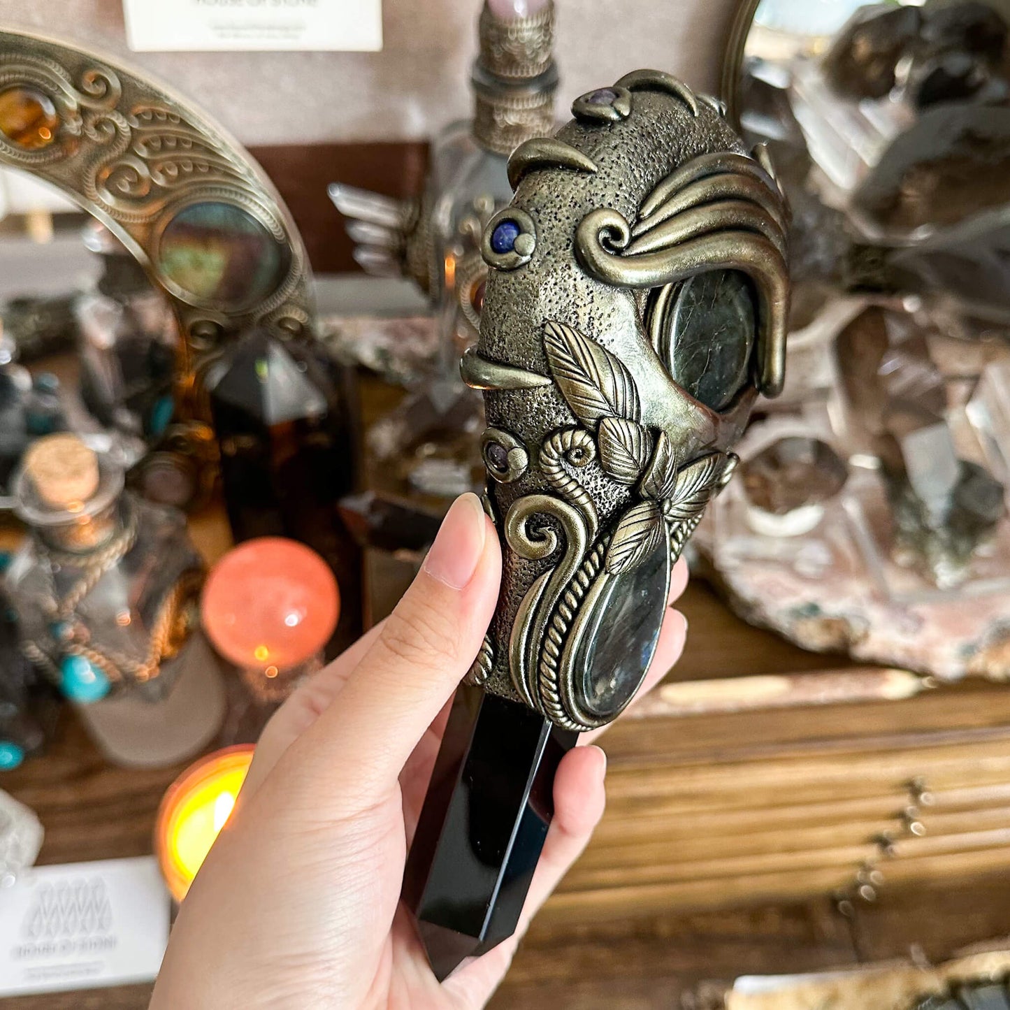 Handmade Natural Black Obsidian Mirror/Magic Obsidian Witch Wand/Crystal Quartz Wand/Scrying Mirror Wand/Root Chakra/Manifest Altar Tool