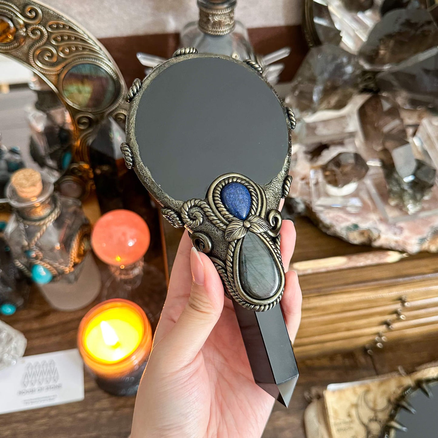 Handmade Natural Black Obsidian Mirror/Magic Obsidian Witch Wand/Crystal Quartz Wand/Scrying Mirror Wand/Root Chakra/Manifest Altar Tool