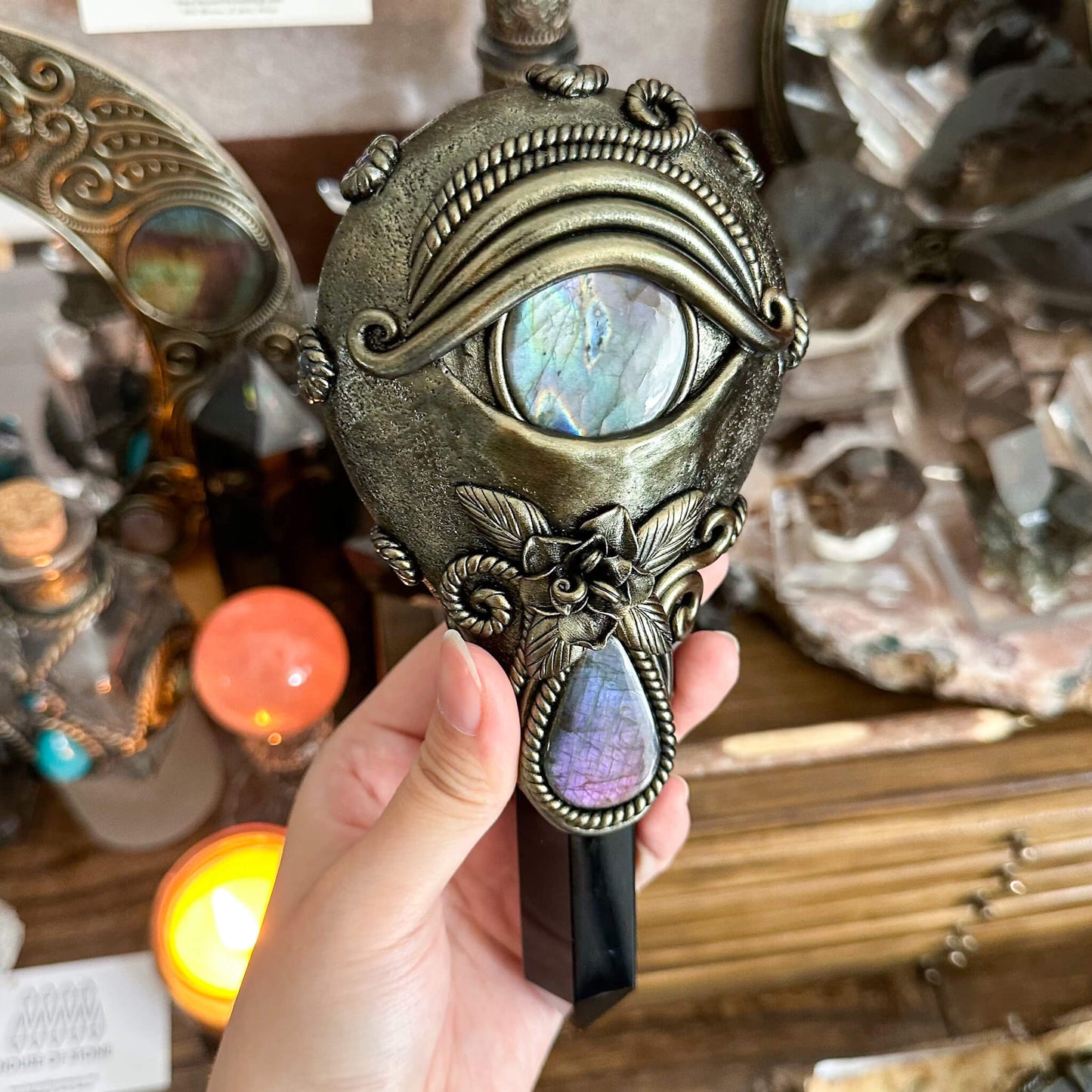 Handmade Natural Black Obsidian Mirror/Magic Obsidian Witch Wand/Crystal Quartz Wand/Scrying Mirror Wand/Root Chakra/Manifest Altar Tool