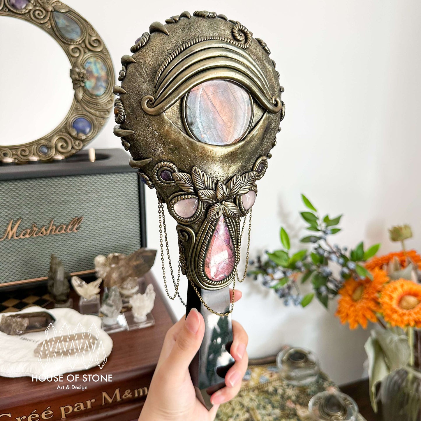 Handmade Natural Black Obsidian Mirror/Magic XXLarge Obsidian Witch Wand/Crystal Quartz Wand/Scrying Mirror Wand/Root Chakra/Manifest Altar Tool