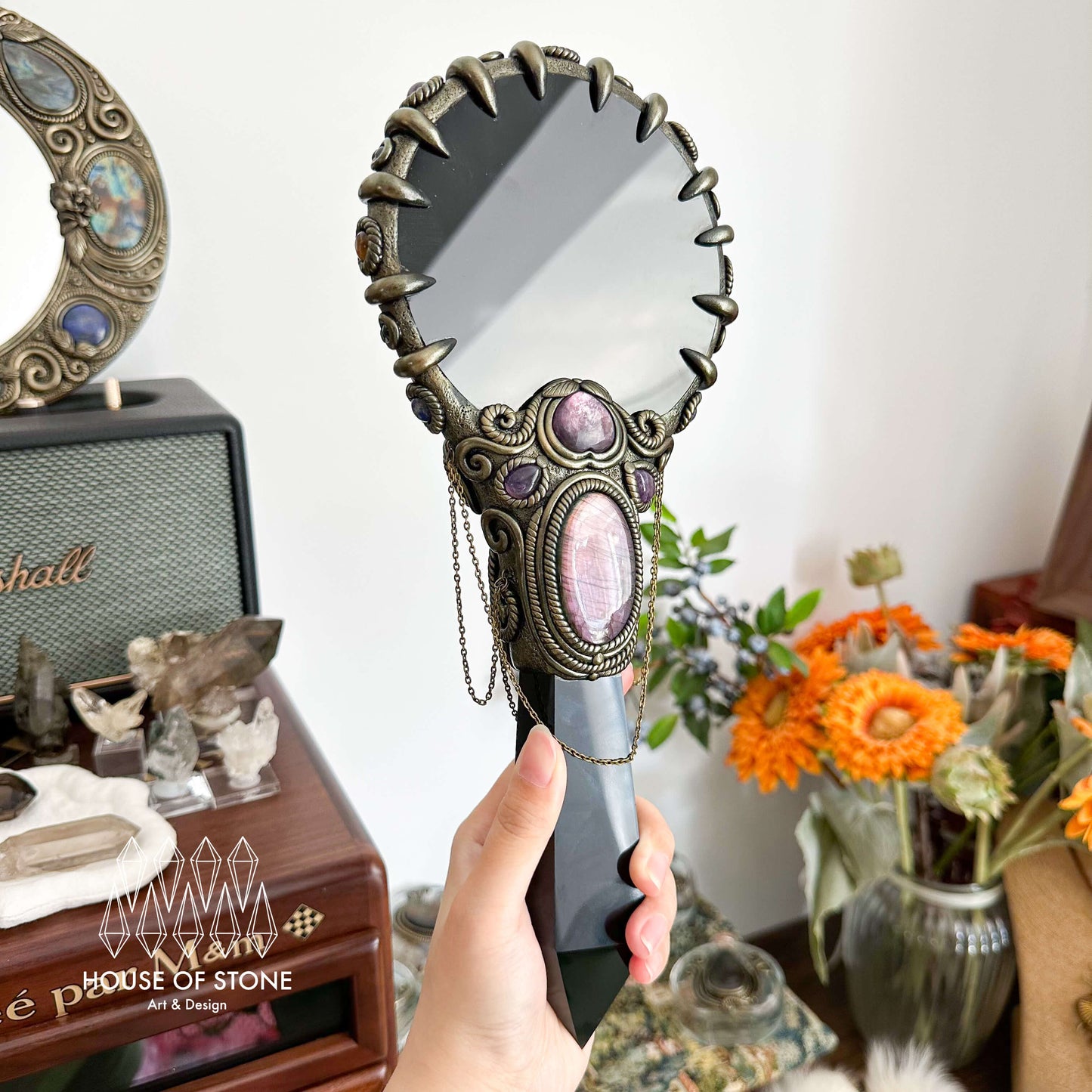 Handmade Natural Black Obsidian Mirror/Magic XXLarge Obsidian Witch Wand/Crystal Quartz Wand/Scrying Mirror Wand/Root Chakra/Manifest Altar Tool