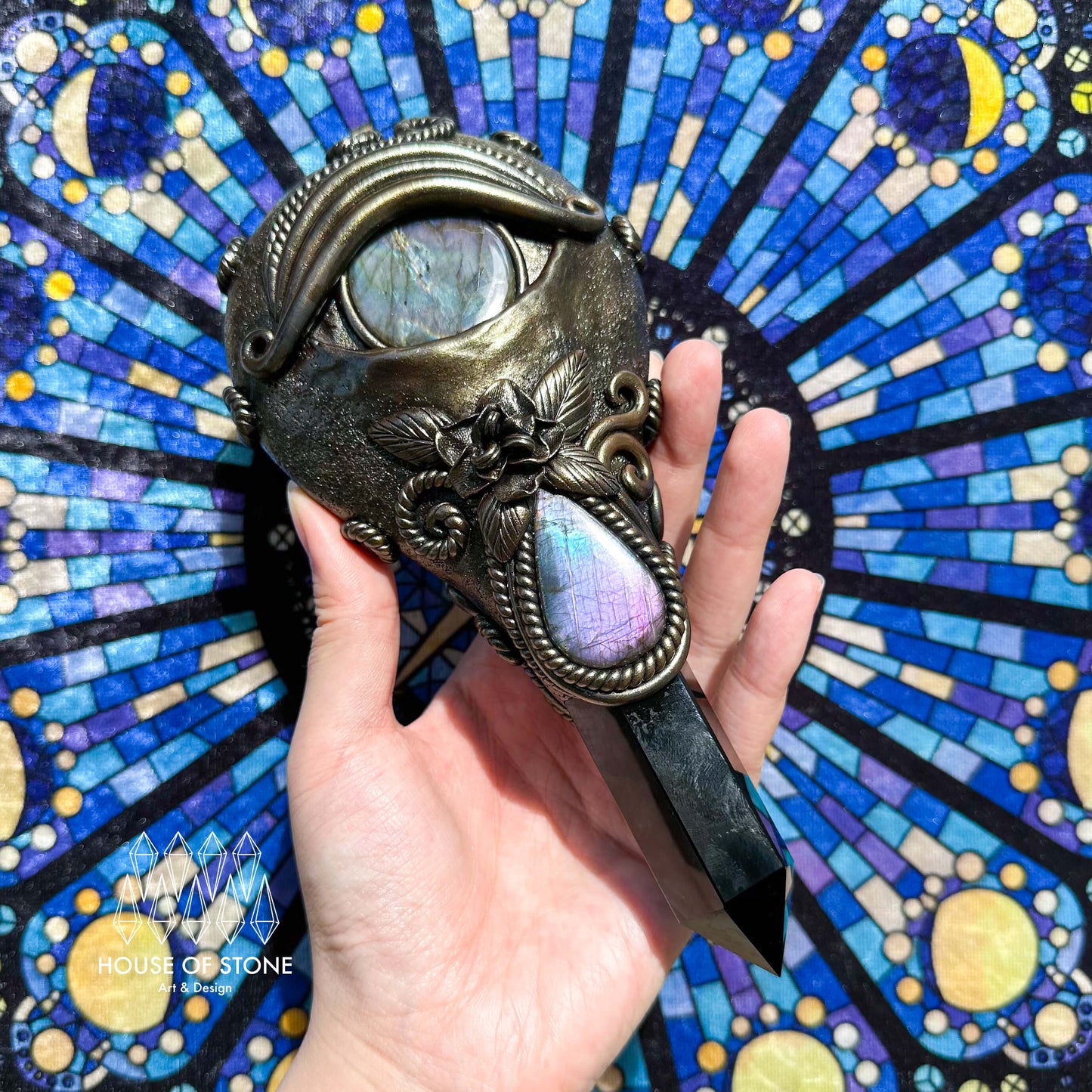 Handmade Natural Black Obsidian Mirror/Magic Obsidian Witch Wand/Crystal Quartz Wand/Scrying Mirror Wand/Root Chakra/Manifest Altar Tool