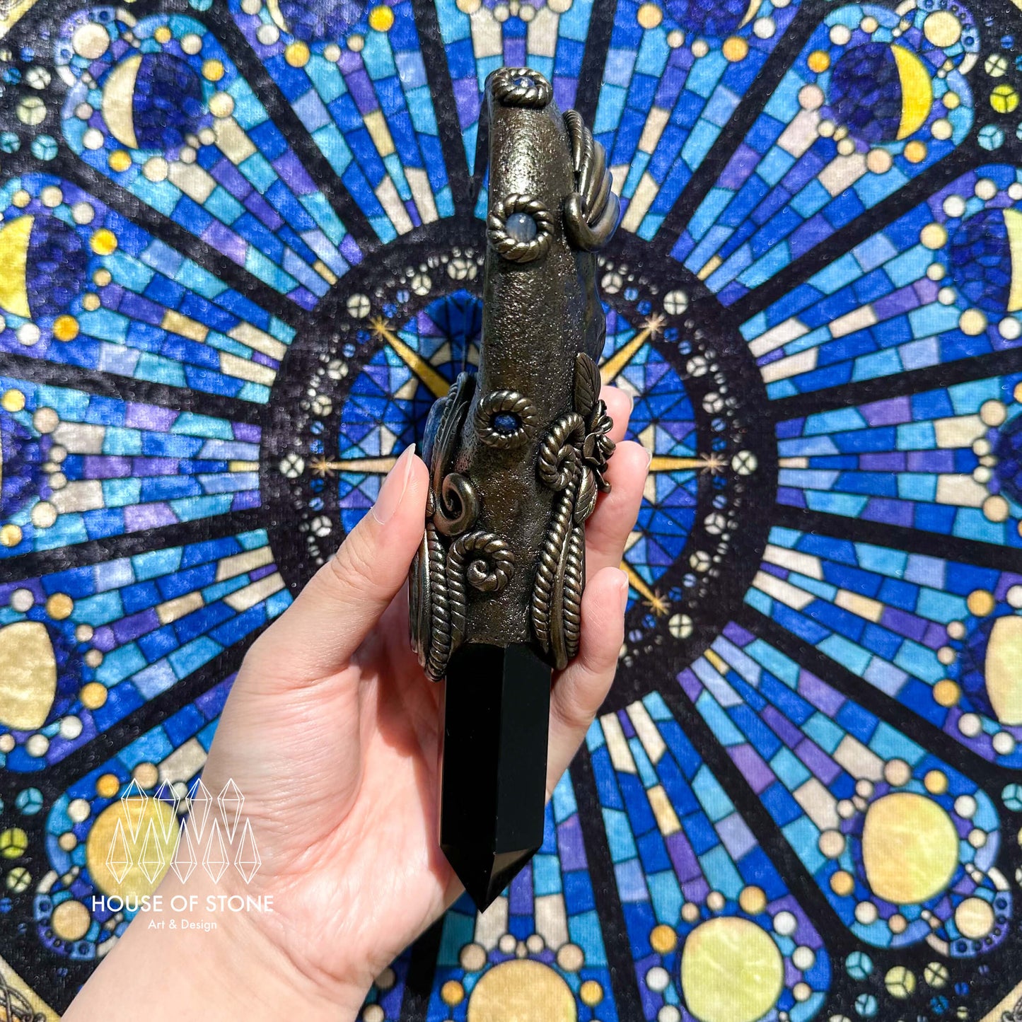 Handmade Natural Black Obsidian Mirror/Magic Obsidian Witch Wand/Crystal Quartz Wand/Scrying Mirror Wand/Root Chakra/Manifest Altar Tool