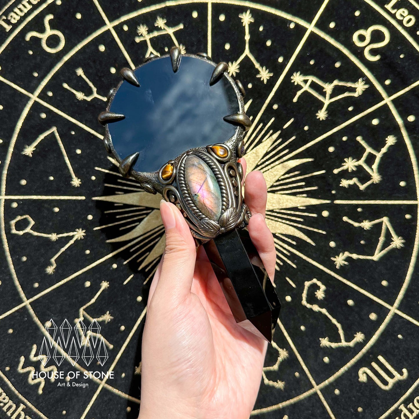 Handmade Natural Black Obsidian Mirror/Magic Obsidian Witch Wand/Crystal Quartz Wand/Scrying Mirror Wand/Root Chakra/Manifest Altar Tool