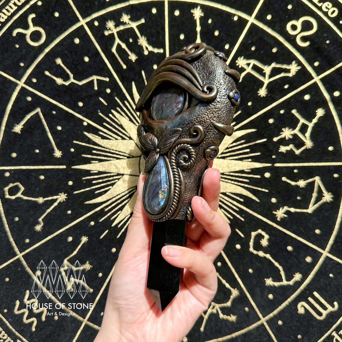 Handmade Natural Black Obsidian Mirror/Magic Obsidian Witch Wand/Crystal Quartz Wand/Scrying Mirror Wand/Root Chakra/Manifest Altar Tool