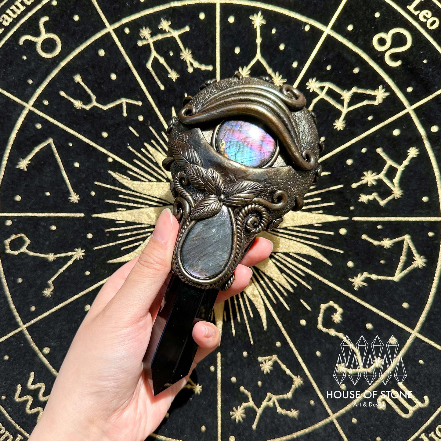 Handmade Natural Black Obsidian Mirror/Magic Obsidian Witch Wand/Crystal Quartz Wand/Scrying Mirror Wand/Root Chakra/Manifest Altar Tool