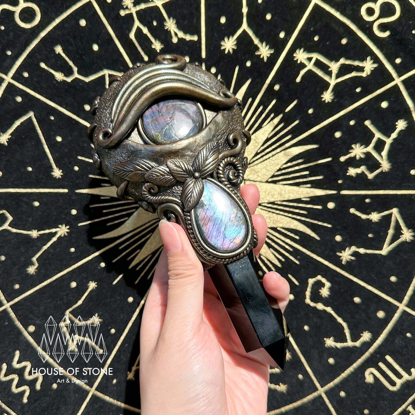 Handmade Natural Black Obsidian Mirror/Magic Obsidian Witch Wand/Crystal Quartz Wand/Scrying Mirror Wand/Root Chakra/Manifest Altar Tool