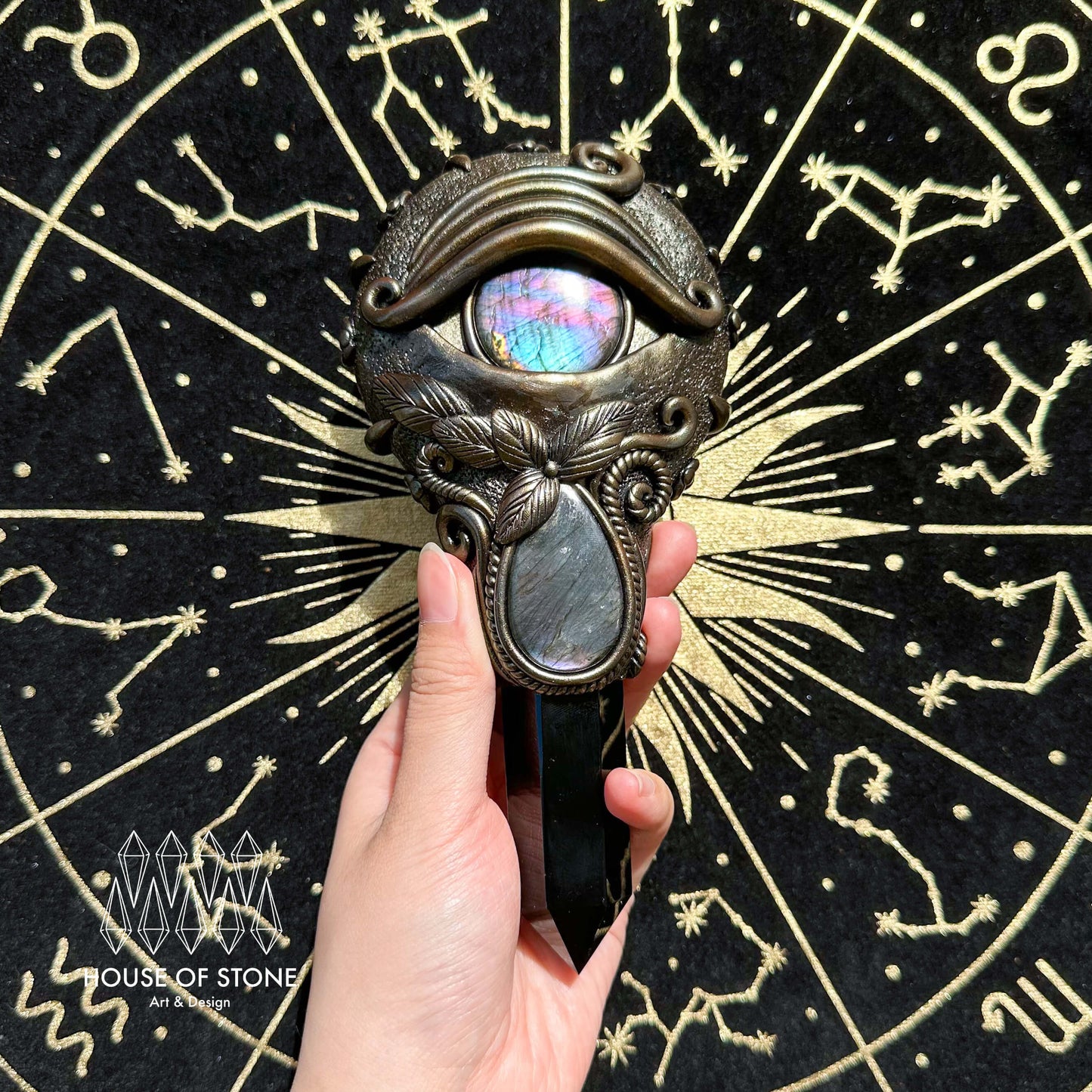 Handmade Natural Black Obsidian Mirror/Magic Obsidian Witch Wand/Crystal Quartz Wand/Scrying Mirror Wand/Root Chakra/Manifest Altar Tool