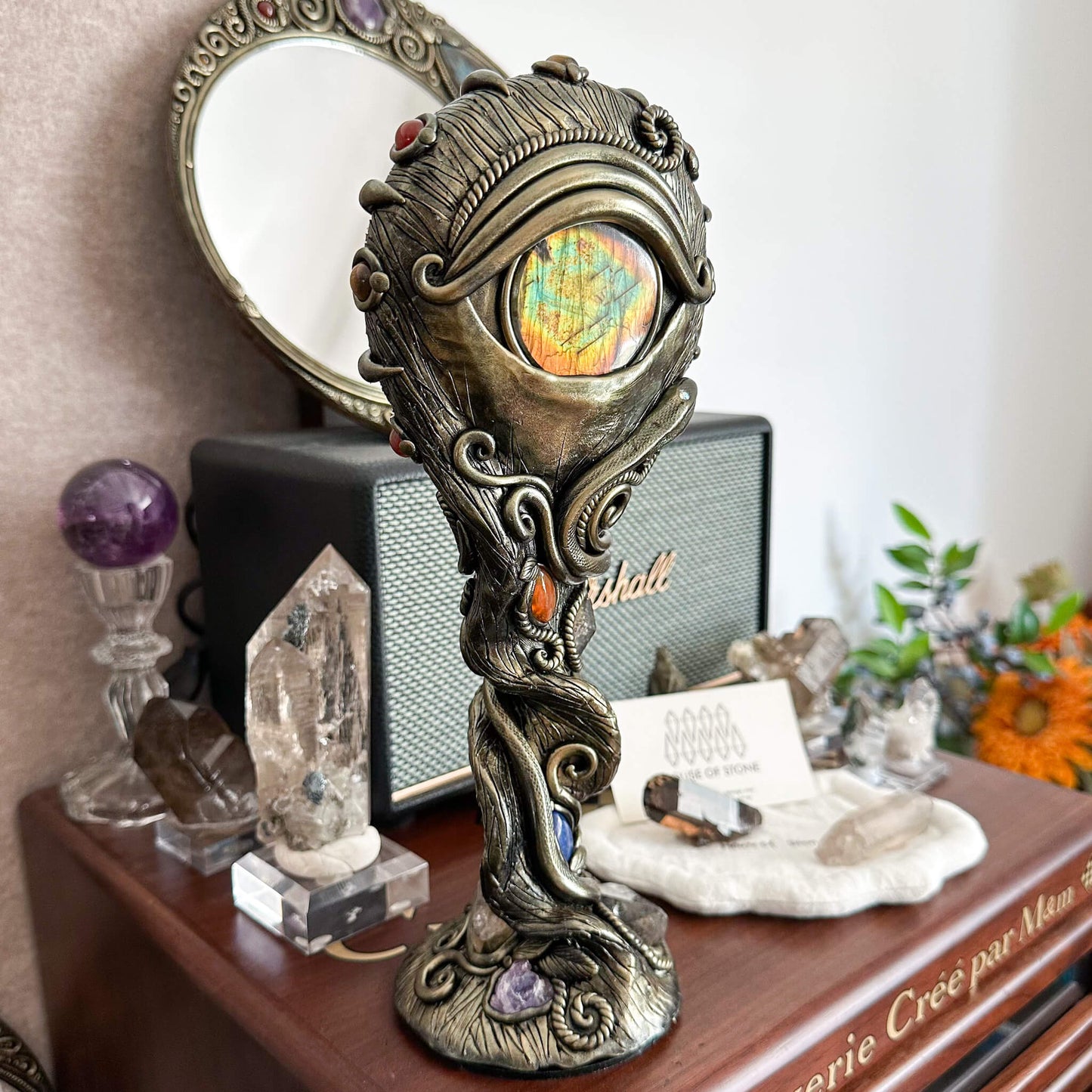 Handmade Natural Black Obsidian Mirror/Magic Obsidian Witch/Crystal Quartz with Base/Scrying Mirror/Root Chakra/Manifest Altar Tool