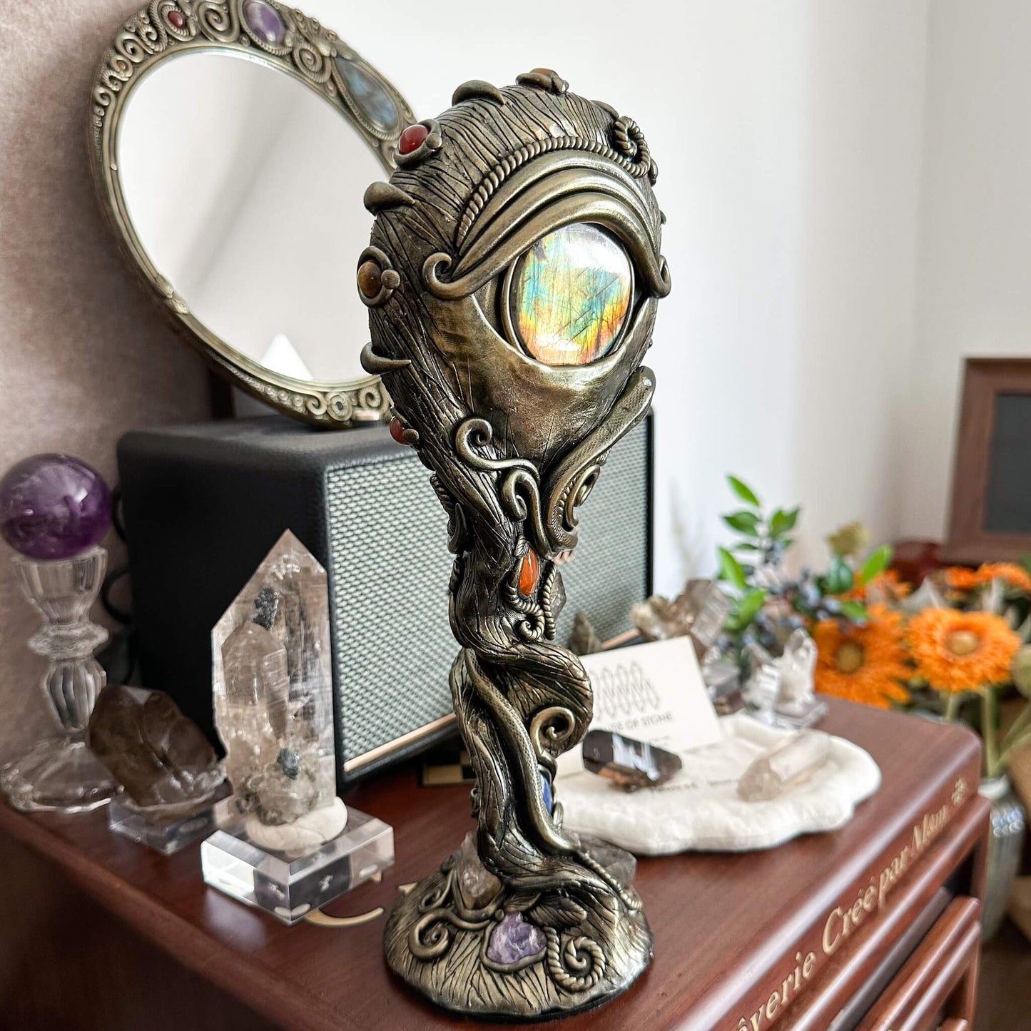 Handmade Natural Black Obsidian Mirror/Magic Obsidian Witch/Crystal Quartz with Base/Scrying Mirror/Root Chakra/Manifest Altar Tool