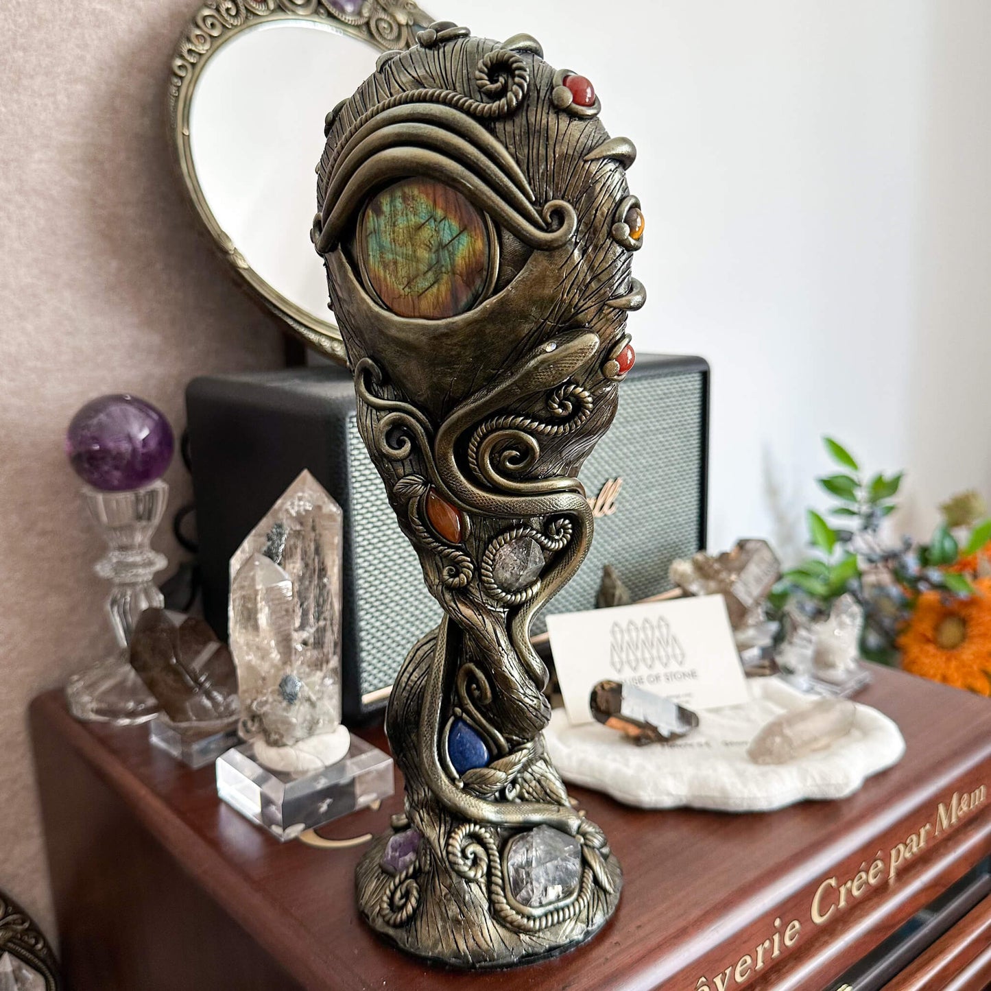 Handmade Natural Black Obsidian Mirror/Magic Obsidian Witch/Crystal Quartz with Base/Scrying Mirror/Root Chakra/Manifest Altar Tool